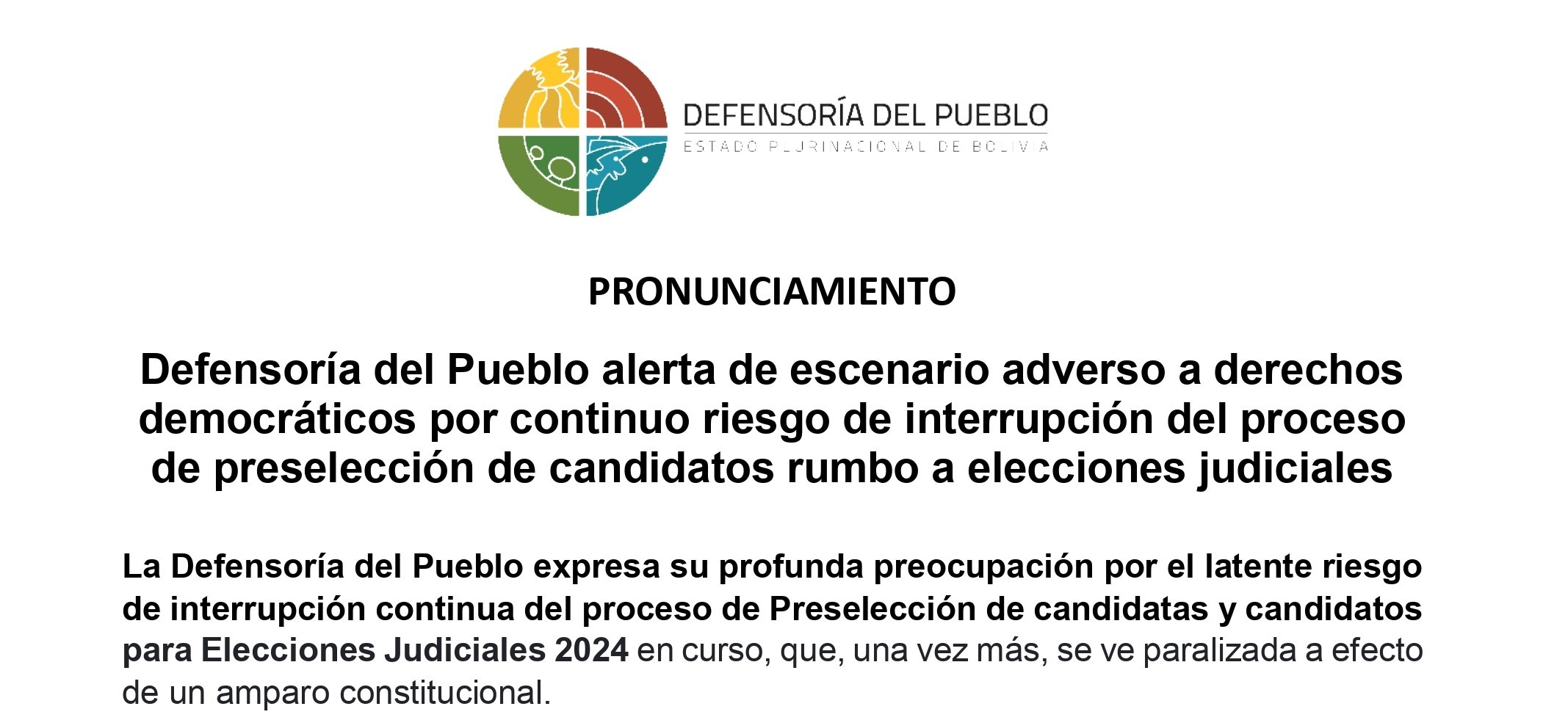 Defensoría del Pueblo alerta de escenario adverso a derechos democráticos por continuo riesgo de interrupción del proceso de preselección de candidatos rumbo a elecciones judiciales