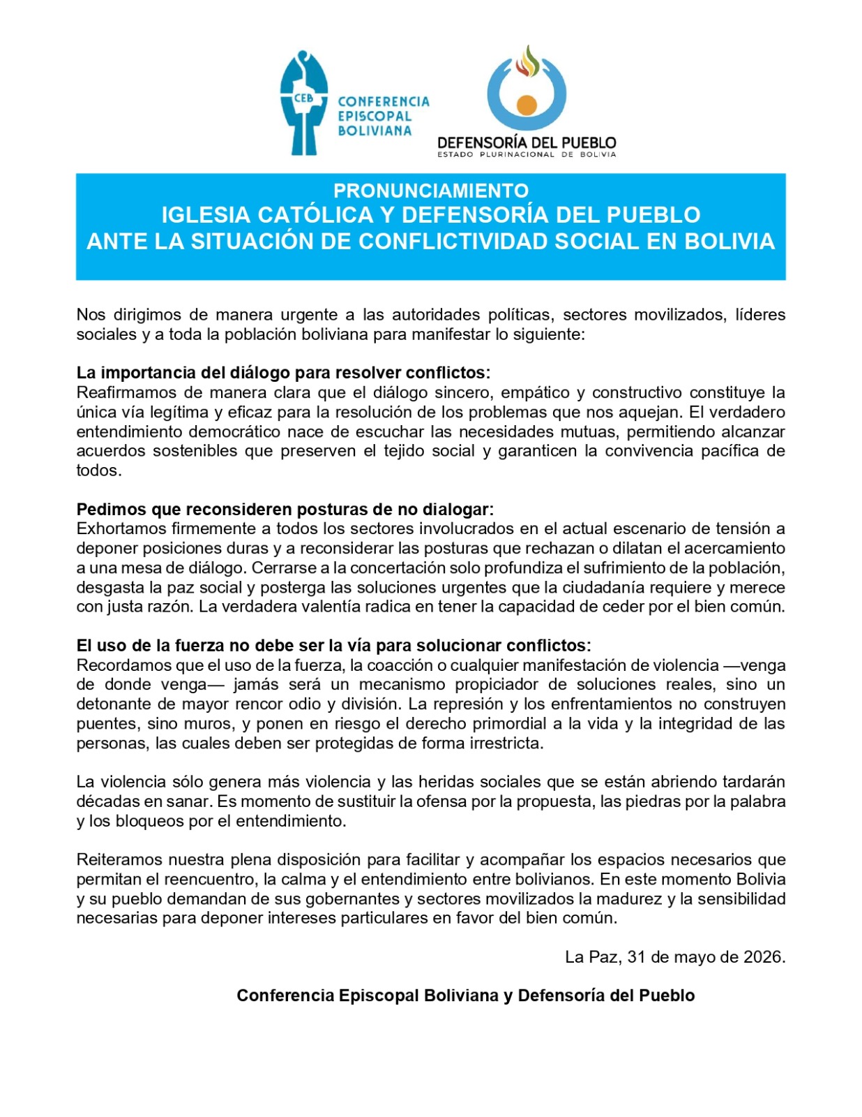 PRONUNCIAMIENTO IGLESIA CATÓLICA Y DEFENSORÍA DEL PUEBLO ANTE LA SITUACIÓN DE CONFLICTIVIDAD SOCIAL EN BOLIVIA