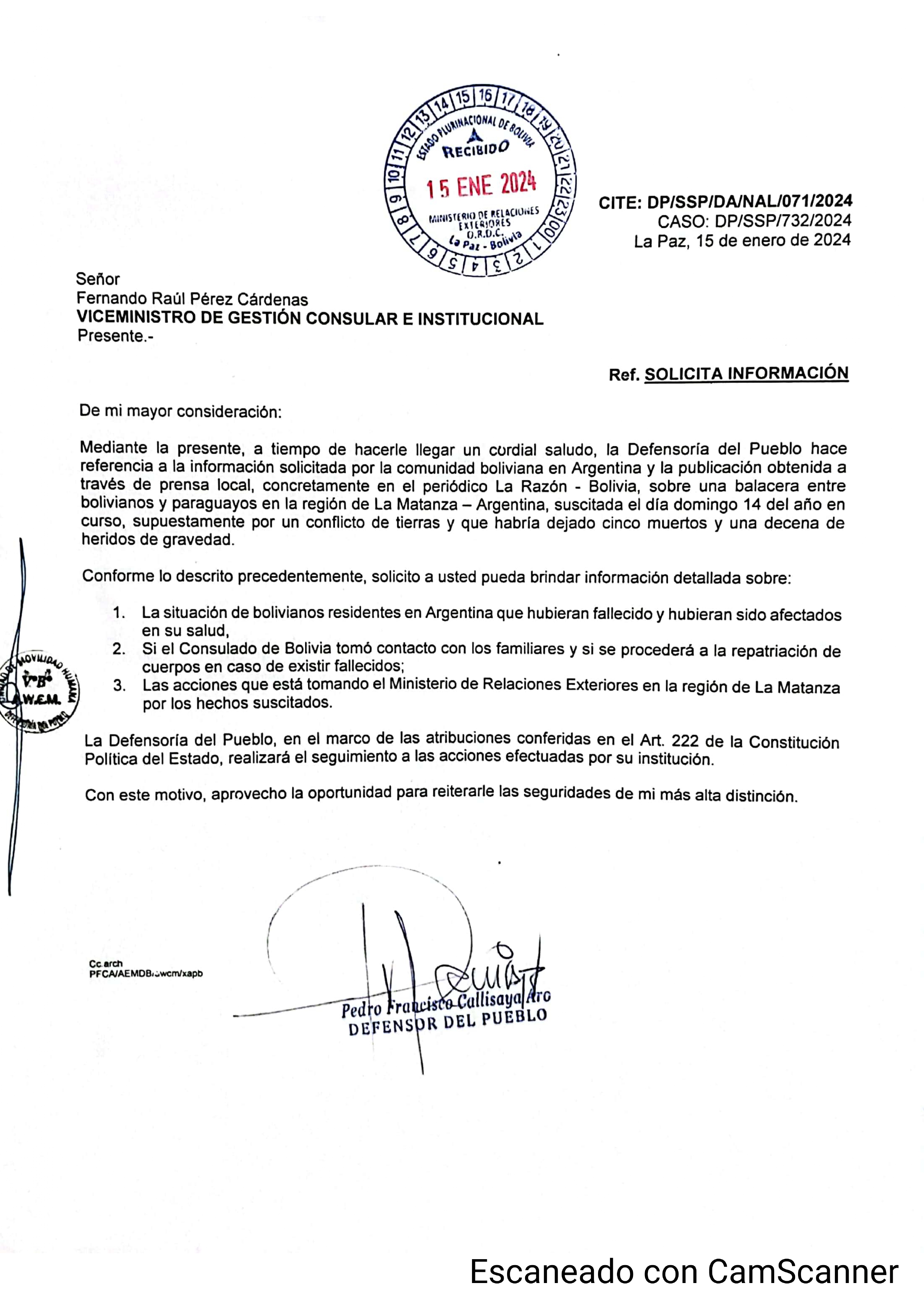 Defensoría del Pueblo abre caso por muerte de bolivianos en Gonzales Catán y coordina acciones integrales con su par argentina