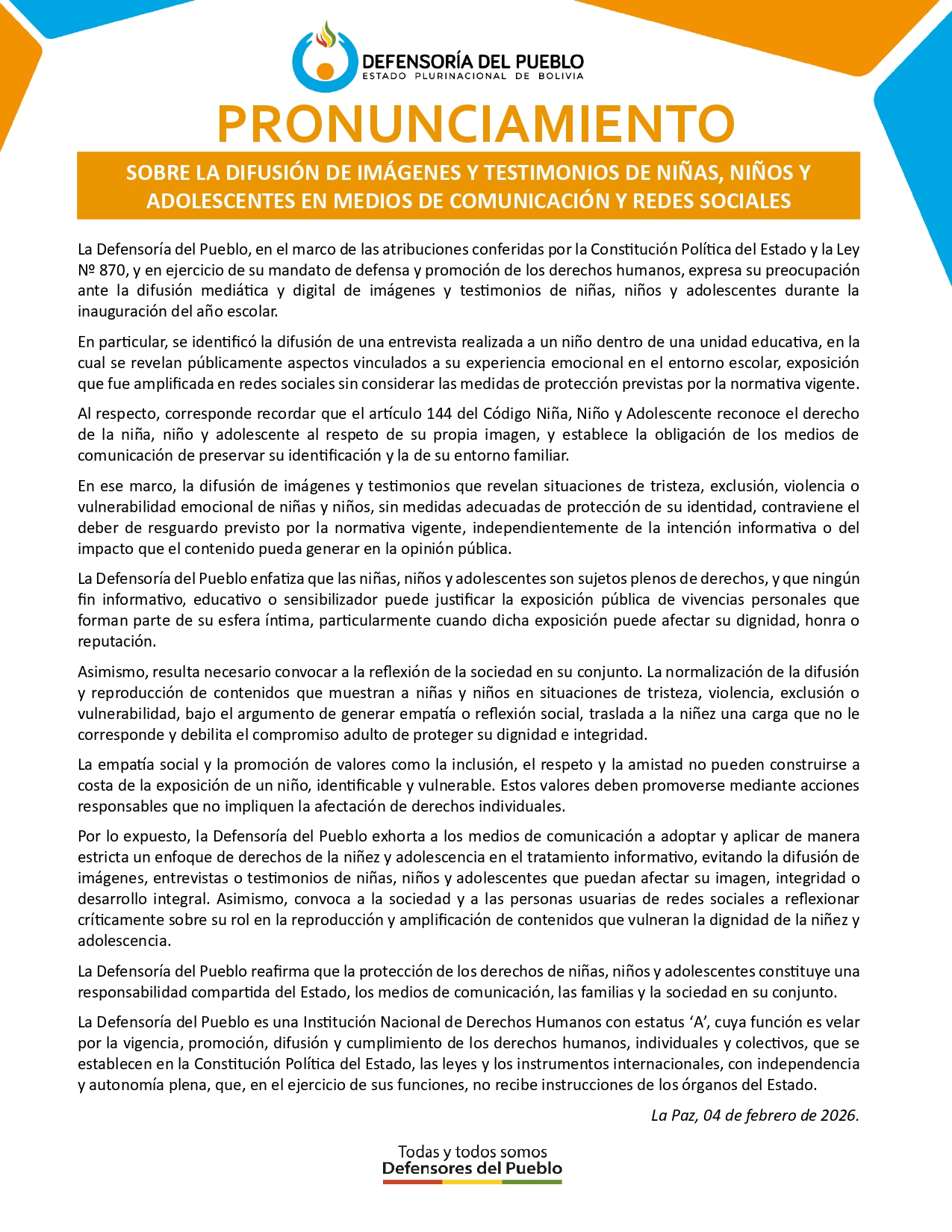 SOBRE LA DIFUSIÓN DE IMÁGENES Y TESTIMONIOS DE NIÑAS, NIÑOS Y ADOLESCENTES EN MEDIOS DE COMUNICACIÓN Y REDES SOCIALES