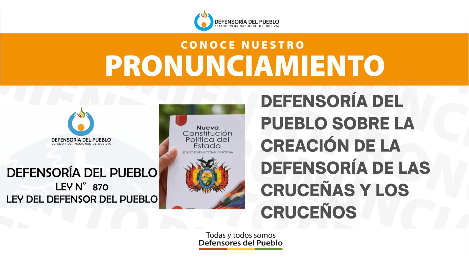 PRONUNCIAMIENTO DEFENSORÍA DEL PUEBLO DESTACA LA CREACIÓN DE LA DEFENSORÍA  DE LAS CRUCEÑAS Y LOS CRUCEÑOS