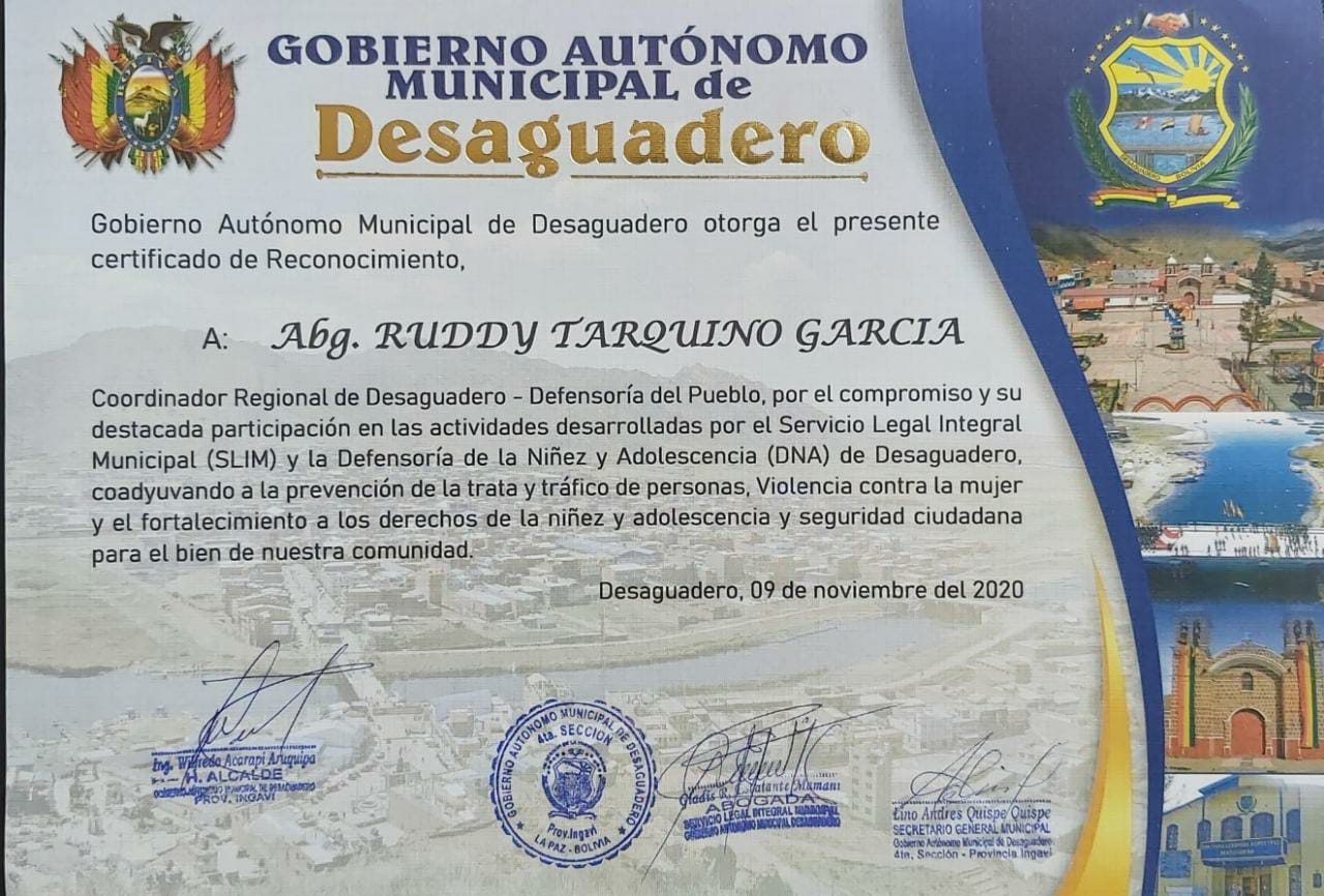 Defensoría del Pueblo recibe reconocimiento del Gobierno Autónomo Municipal de Desaguadero por la defensa de los Derechos Humanos