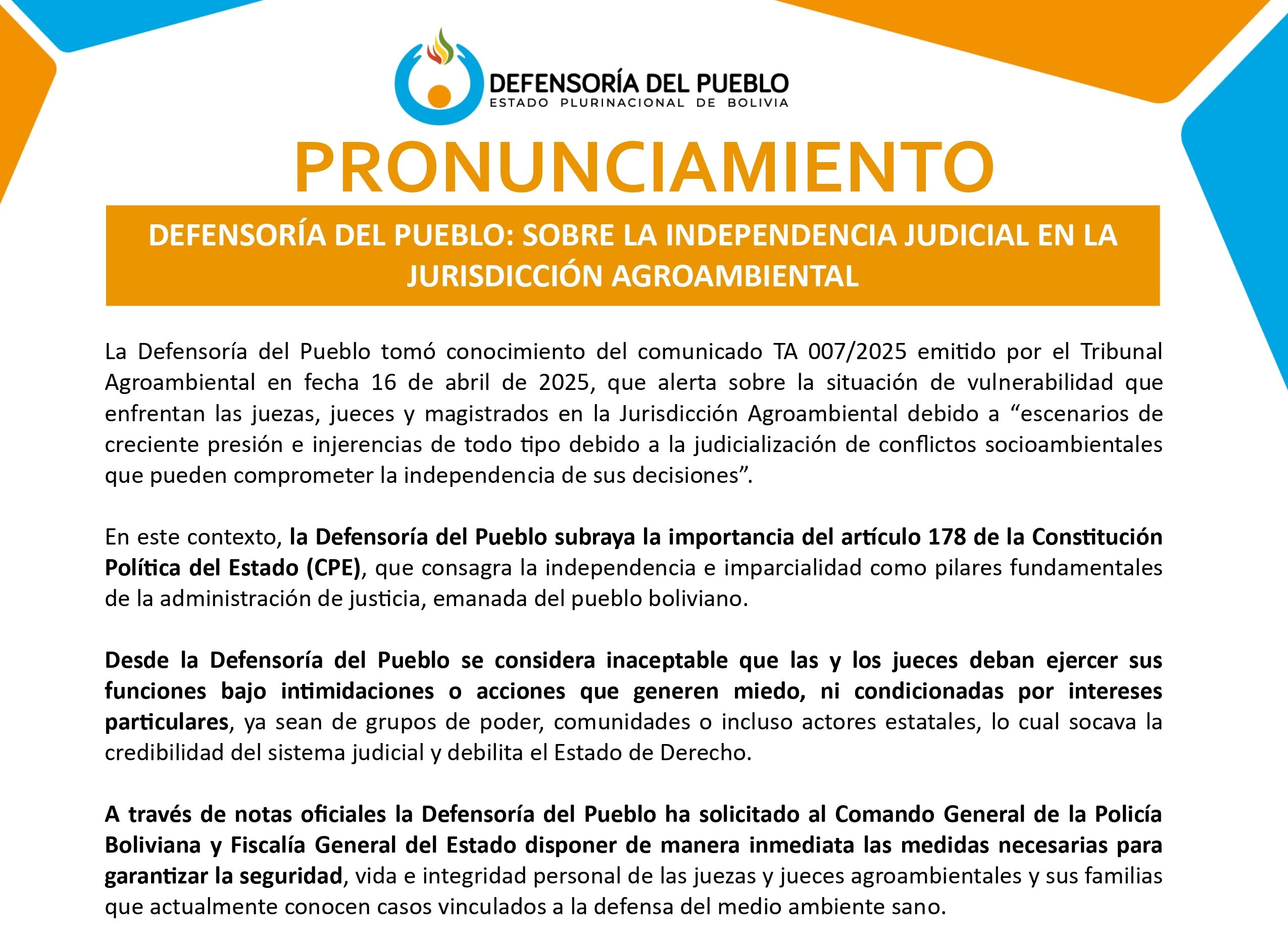 DEFENSORÍA DEL PUEBLO: SOBRE LA INDEPENDENCIA JUDICIAL EN LA JURISDICCIÓN AGROAMBIENTAL