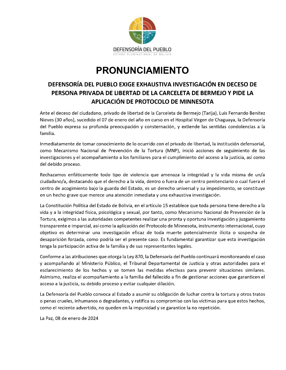 DEFENSORÍA DEL PUEBLO EXIGE EXHAUSTIVA INVESTIGACIÓN EN DECESO DE PERSONA PRIVADA DE LIBERTAD DE LA CARCELETA DE BERMEJO Y PIDE LA APLICACIÓN DE PROTOCOLO DE MINNESOTA