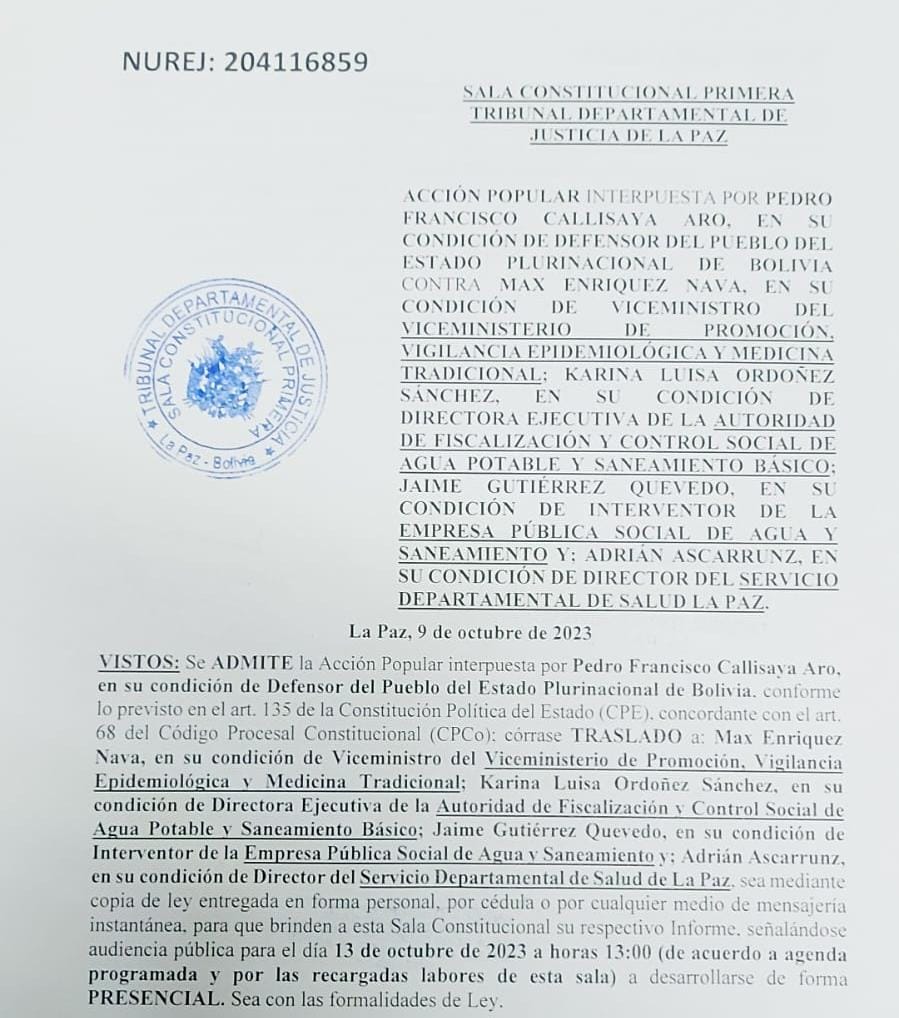 TDJ admite demanda de acción popular sobre la calidad del agua en La Paz, interpuesta por el Defensor del Pueblo y fija fecha y hora para la audiencia