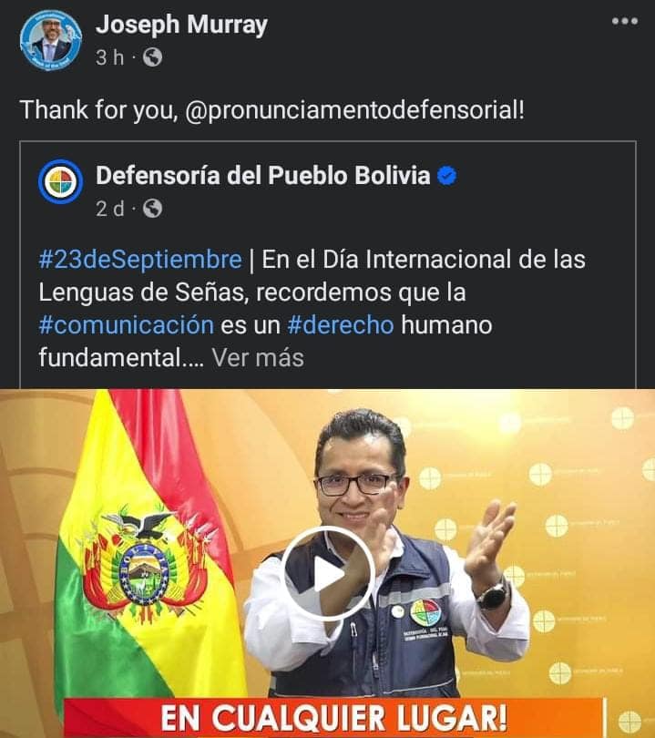 Federación Mundial de Sordos agradece pronunciamiento defensorial para que Bolivia declare la lengua de señas como un idioma oficial más