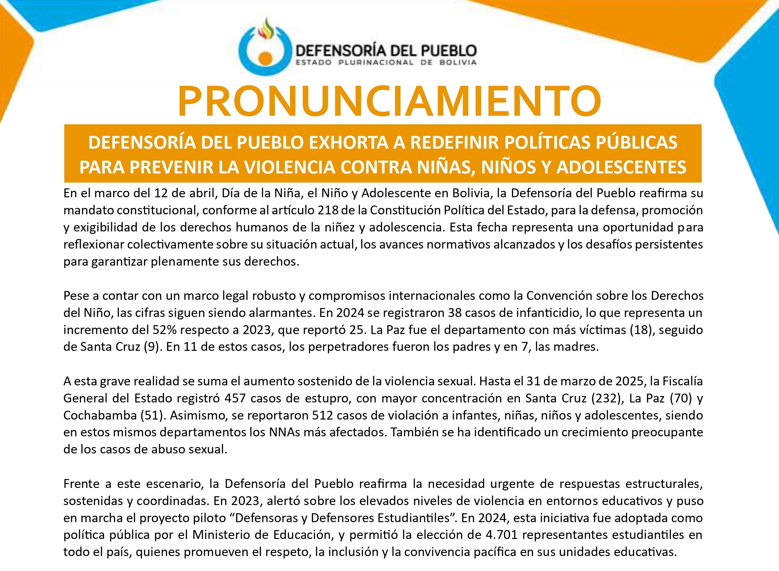 DEFENSORÍA DEL PUEBLO EXHORTA A REDEFINIR POLÍTICAS PÚBLICAS PARA PREVENIR LA VIOLENCIA CONTRA NIÑAS, NIÑOS Y ADOLESCENTES