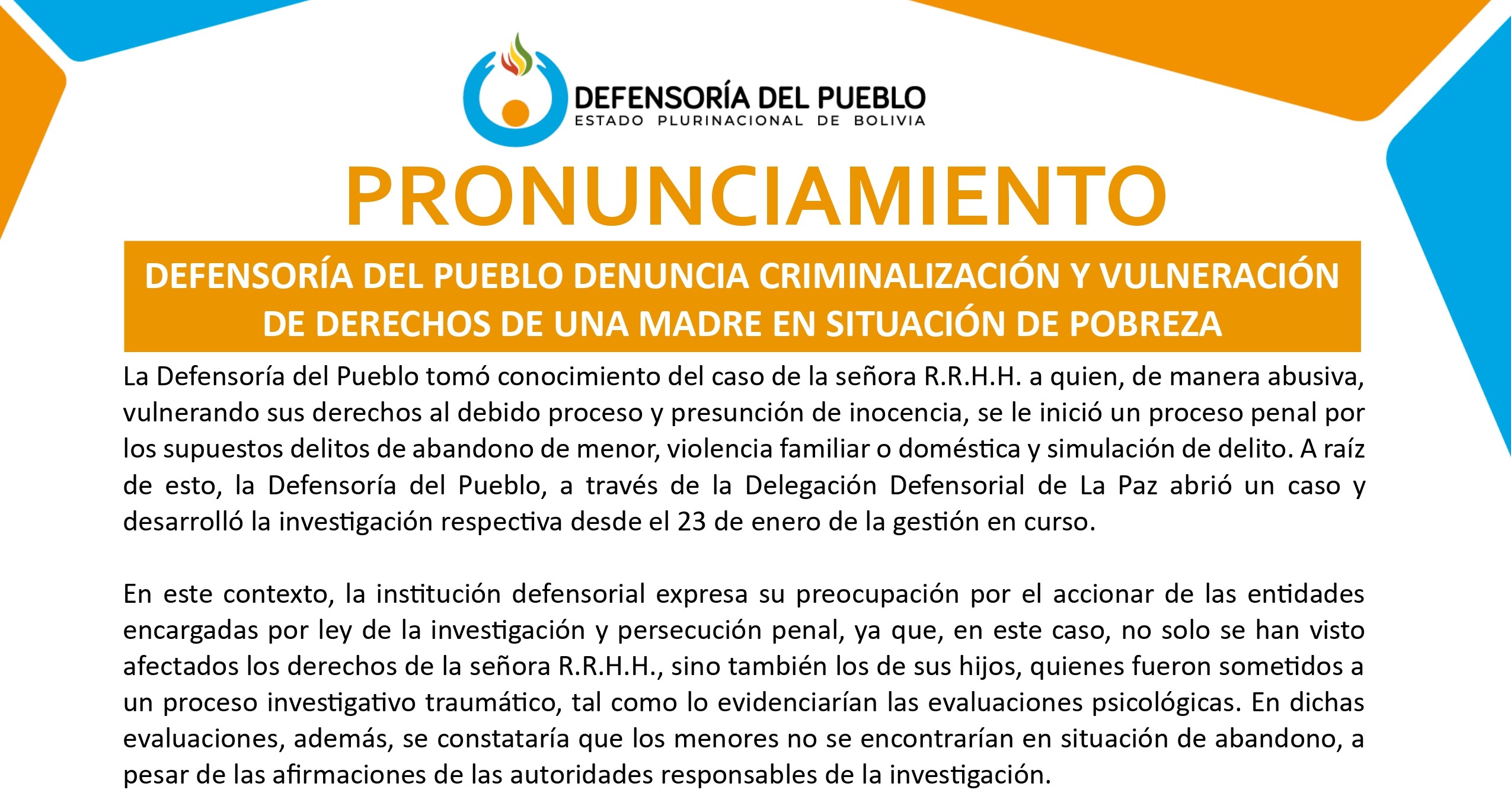 DEFENSORÍA DEL PUEBLO DENUNCIA CRIMINALIZACIÓN Y VULNERACIÓN DE DERECHOS DE UNA MADRE EN SITUACIÓN DE POBREZA