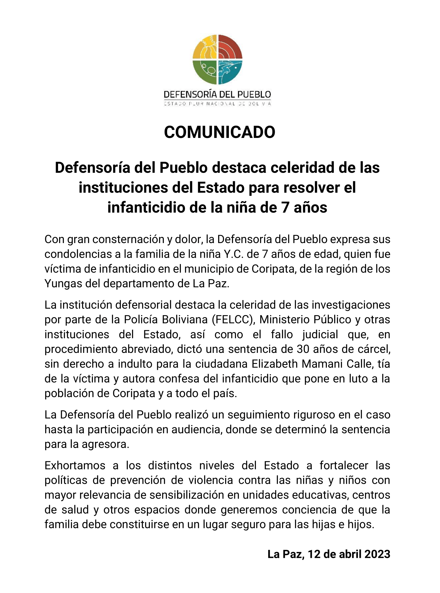 Defensoría del Pueblo destaca celeridad de las instituciones del Estado para resolver el infanticidio de la niña de 7 años