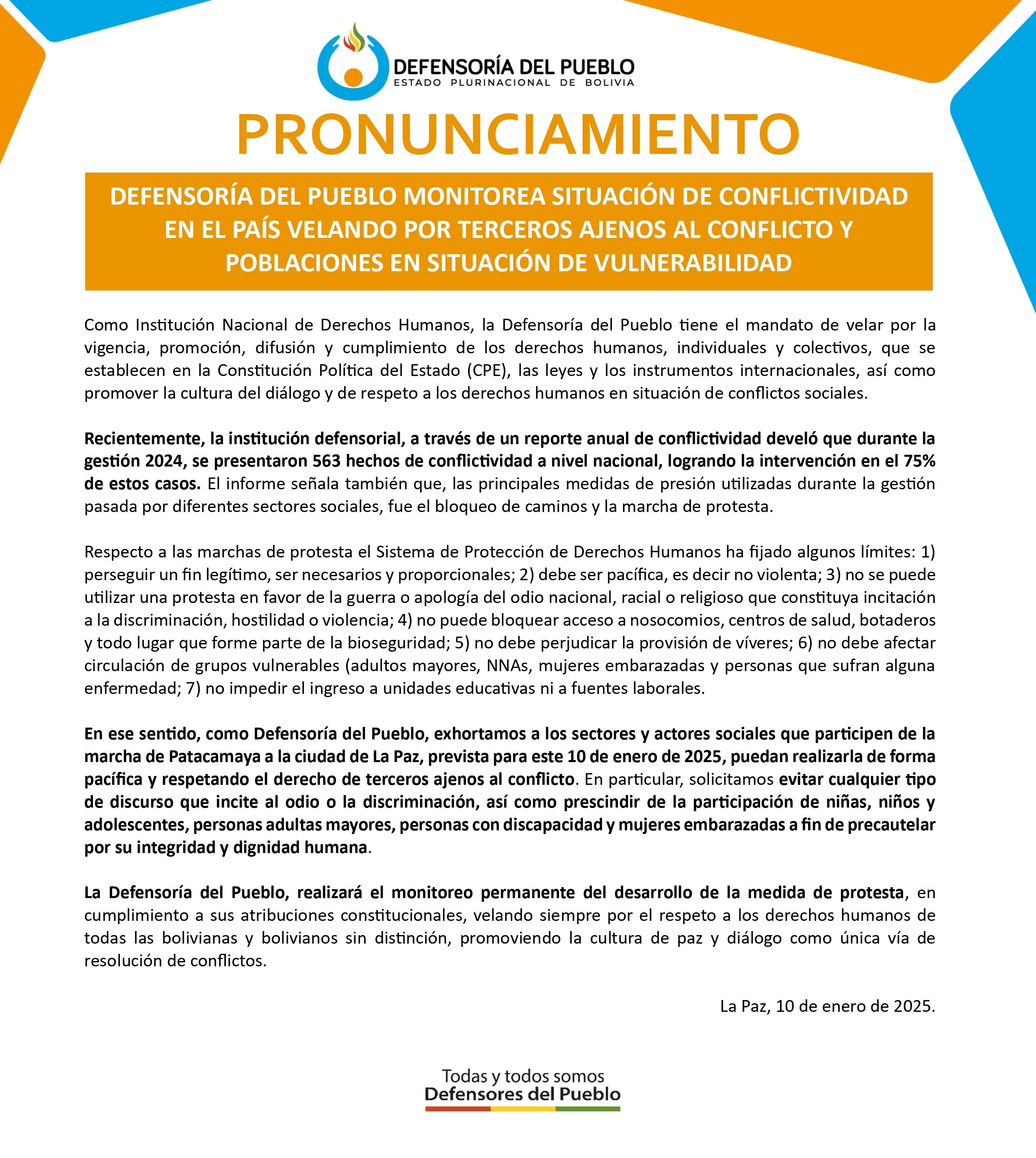 DEFENSORÍA DEL PUEBLO MONITOREA SITUACIÓN DE CONFLICTIVIDAD EN EL PAÍS VELANDO POR TERCEROS AJENOS AL CONFLICTO Y POBLACIONES EN SITUACIÓN DE VULNERABILIDAD