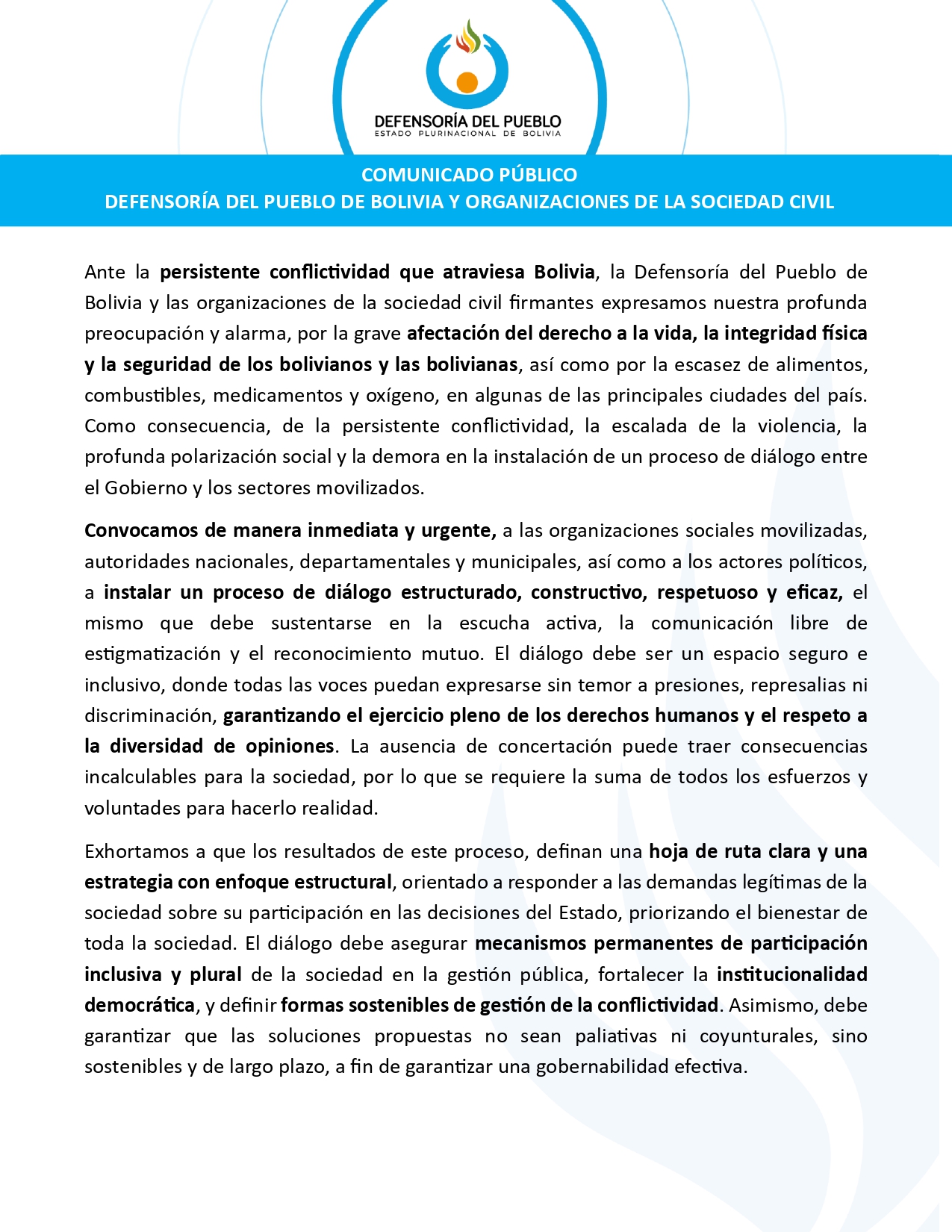COMUNICADO PÚBLICO DEFENSORÍA DEL PUEBLO DE BOLIVIA Y ORGANIZACIONES DE LA SOCIEDAD CIVIL