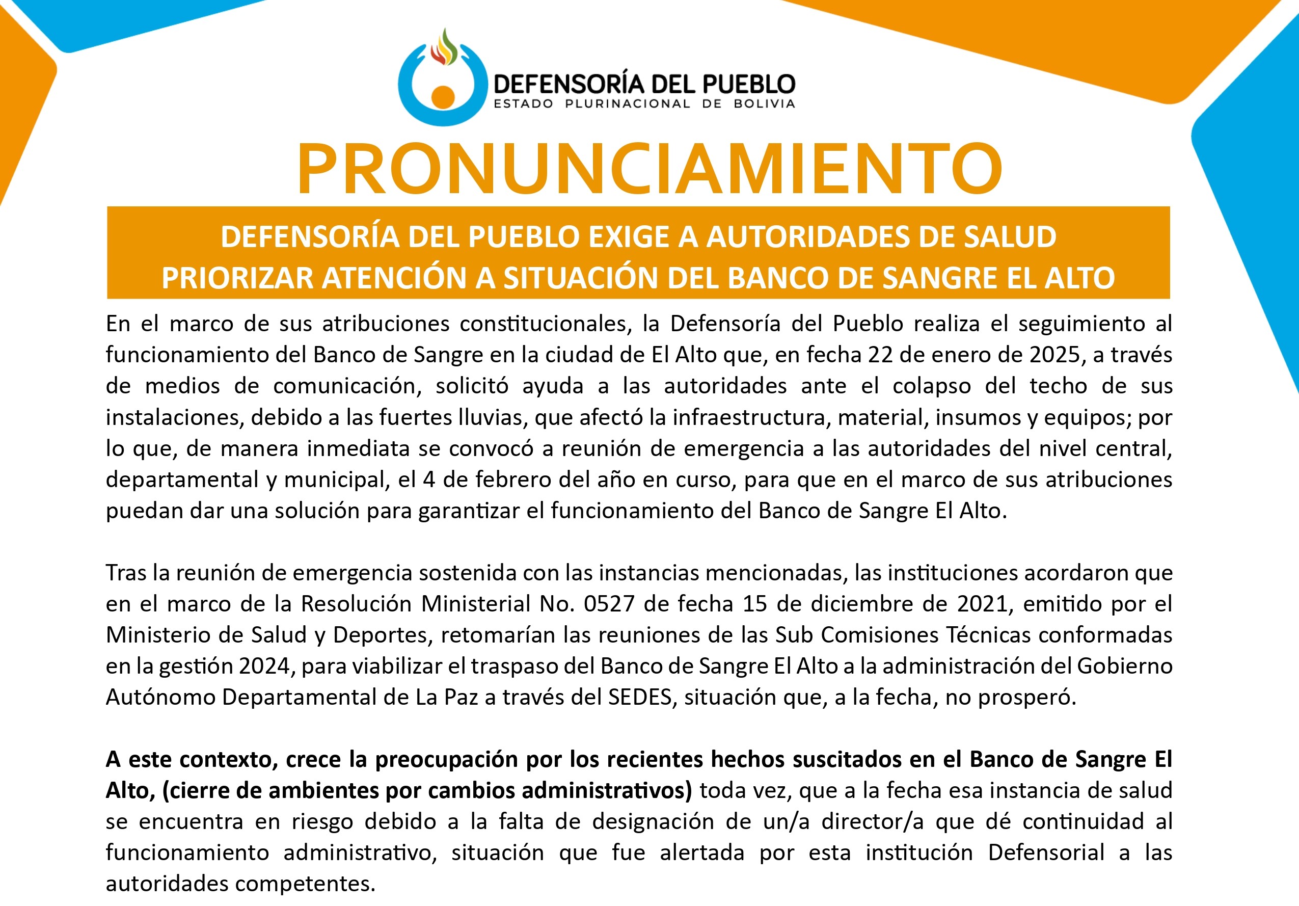 DEFENSORÍA DEL PUEBLO EXIGE A AUTORIDADES DE SALUD  PRIORIZAR ATENCIÓN A SITUACIÓN DEL BANCO DE SANGRE EL ALTO