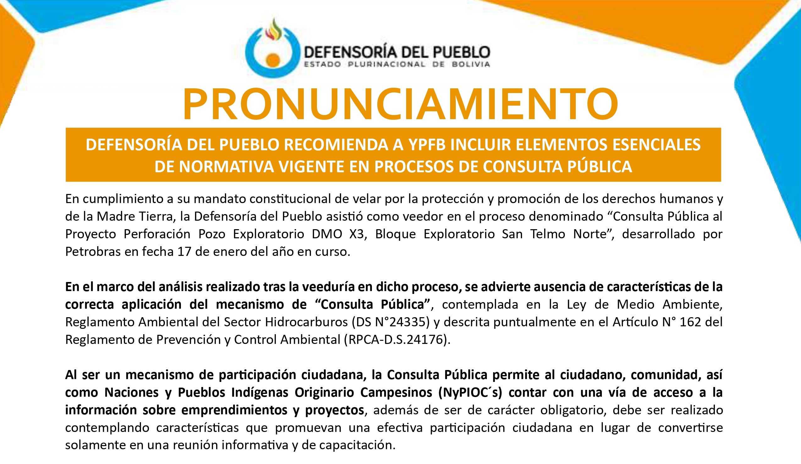 DEFENSORÍA DEL PUEBLO RECOMIENDA A YPFB INCLUIR ELEMENTOS ESENCIALES DE NORMATIVA VIGENTE EN PROCESOS DE CONSULTA PÚBLICA