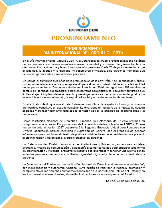 PRONUNCIAMIENTO DÍA INTERNACIONAL DEL ORGULLO LGBTI+