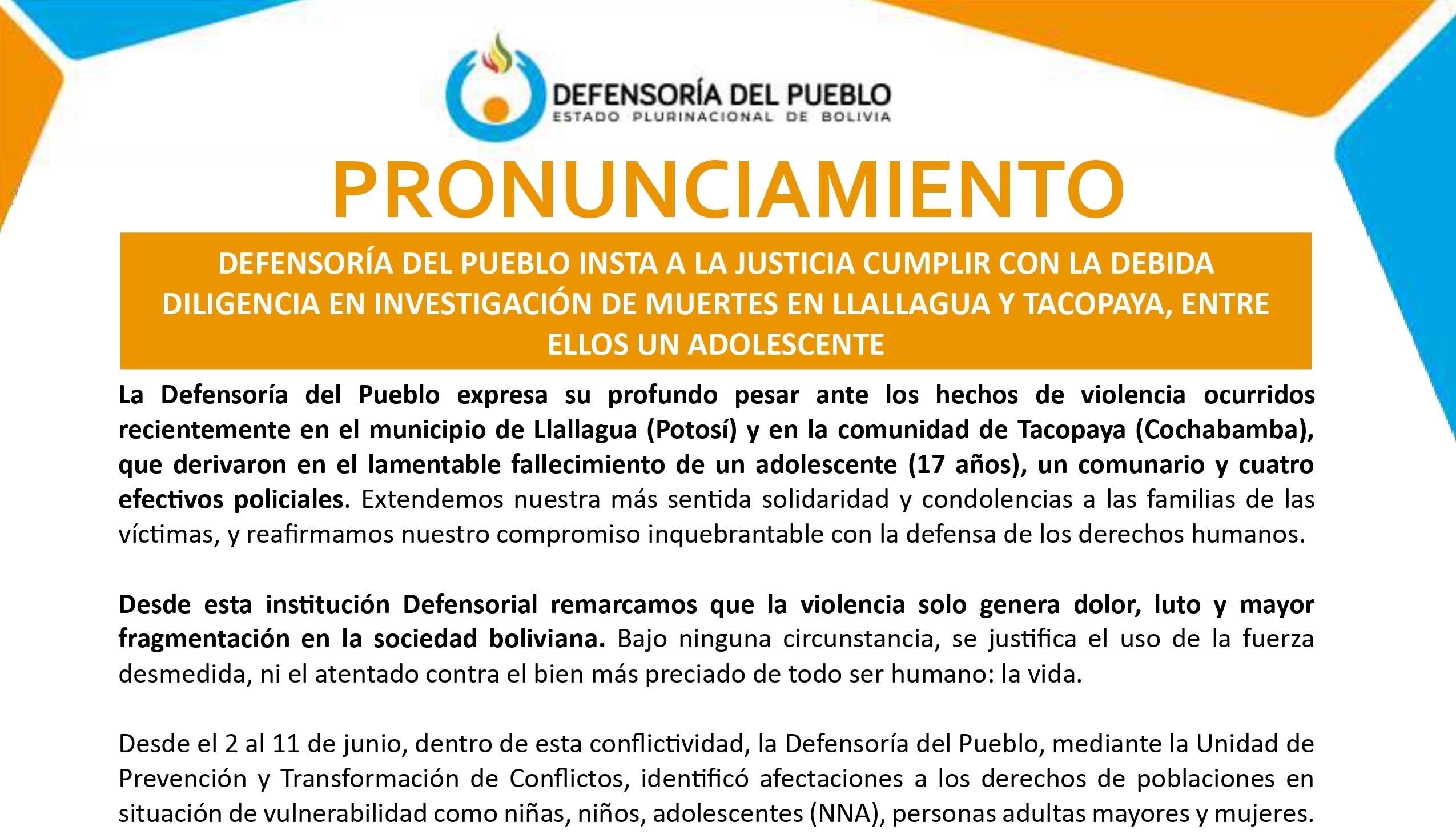 DEFENSORÍA DEL PUEBLO INSTA A LA JUSTICIA CUMPLIR CON LA DEBIDA DILIGENCIA EN INVESTIGACIÓN DE MUERTES EN LLALLAGUA Y TACOPAYA, ENTRE ELLOS UN ADOLESCENTE