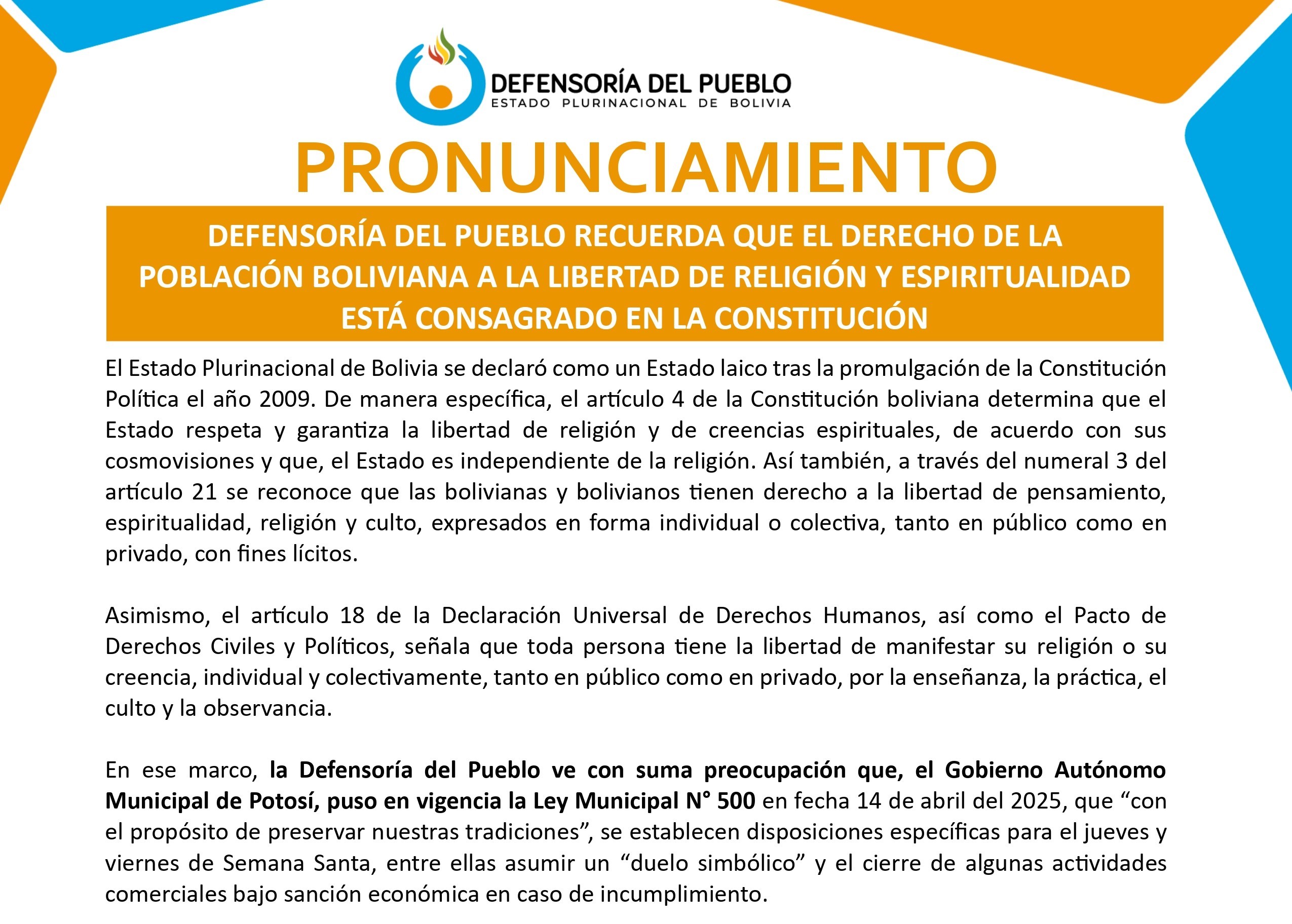 DEFENSORÍA DEL PUEBLO RECUERDA QUE EL DERECHO DE LA POBLACIÓN BOLIVIANA A LA LIBERTAD DE RELIGIÓN Y ESPIRITUALIDAD ESTÁ CONSAGRADO EN LA CONSTITUCIÓN