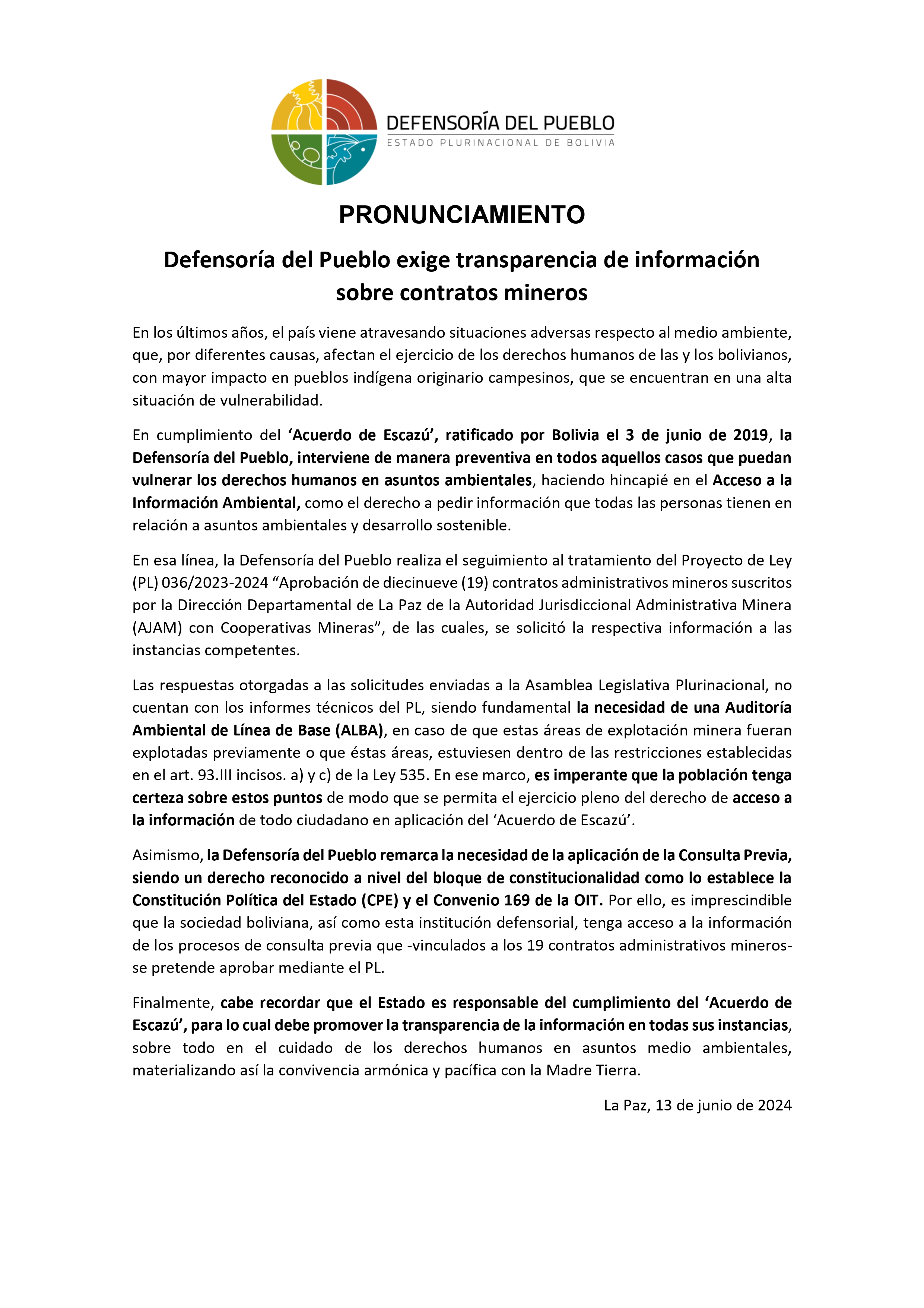 Defensoría del Pueblo exige transparencia de información sobre contratos mineros
