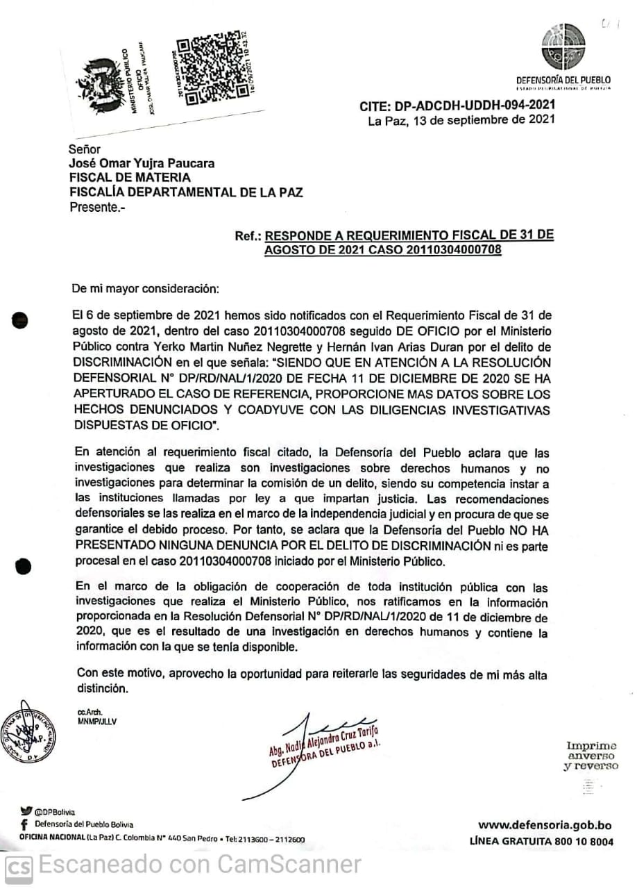 Defensoría del Pueblo aclara que no presentó ninguna denuncia por discriminación en contra de Yerko Núñez ni de Iván Arias