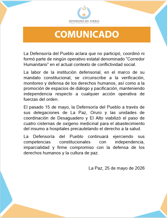 COMUNICADO DE LA DEFENSORÍA DEL PUEBLO 25-05-2026