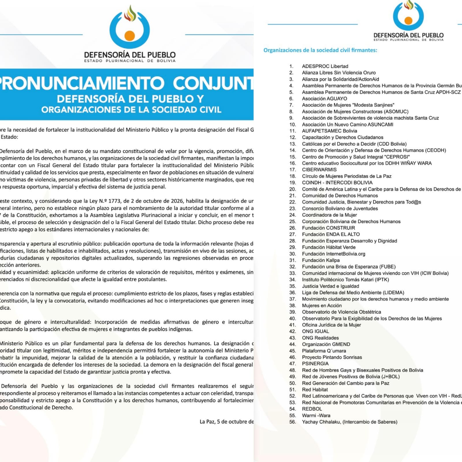 Defensoría del Pueblo y Organizaciones de la Sociedad Civil - Pronunciamento Conjunto