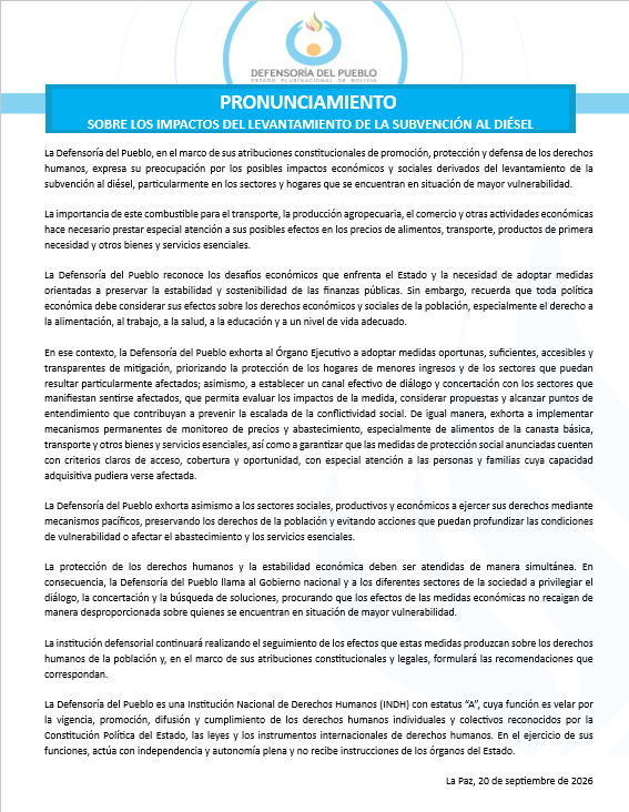 PRONUNCIAMIENTO SOBRE LOS IMPACTOS DEL LEVANTAMIENTO DE LA SUBVENCIÓN AL DIÉSEL