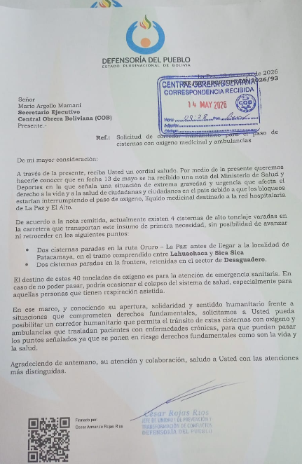 Defensor del Pueblo solicita corredor humanitario para garantizar el paso de cisternas con oxígeno y ambulancias hacia La Paz