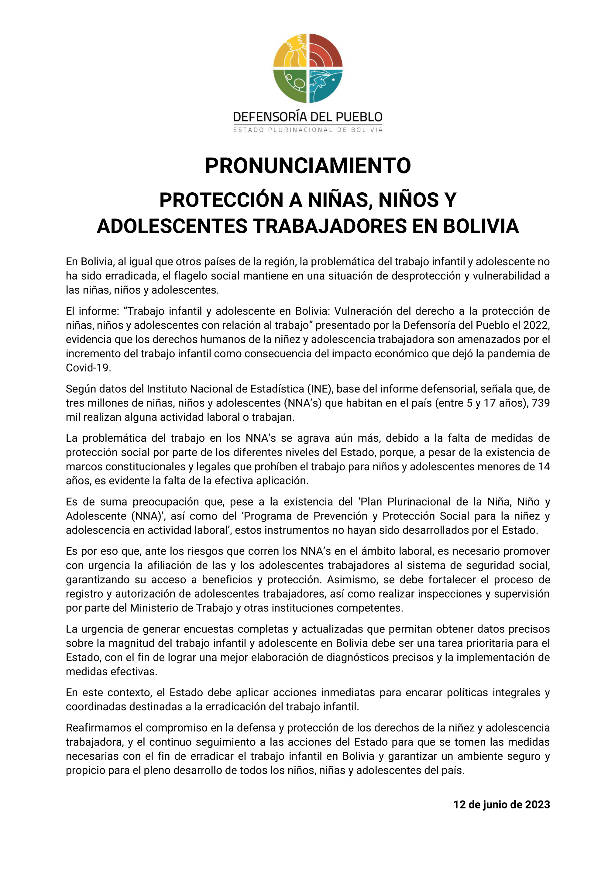 PROTECCIÓN A NIÑAS, NIÑOS Y ADOLESCENTES TRABAJADORES EN BOLIVIA