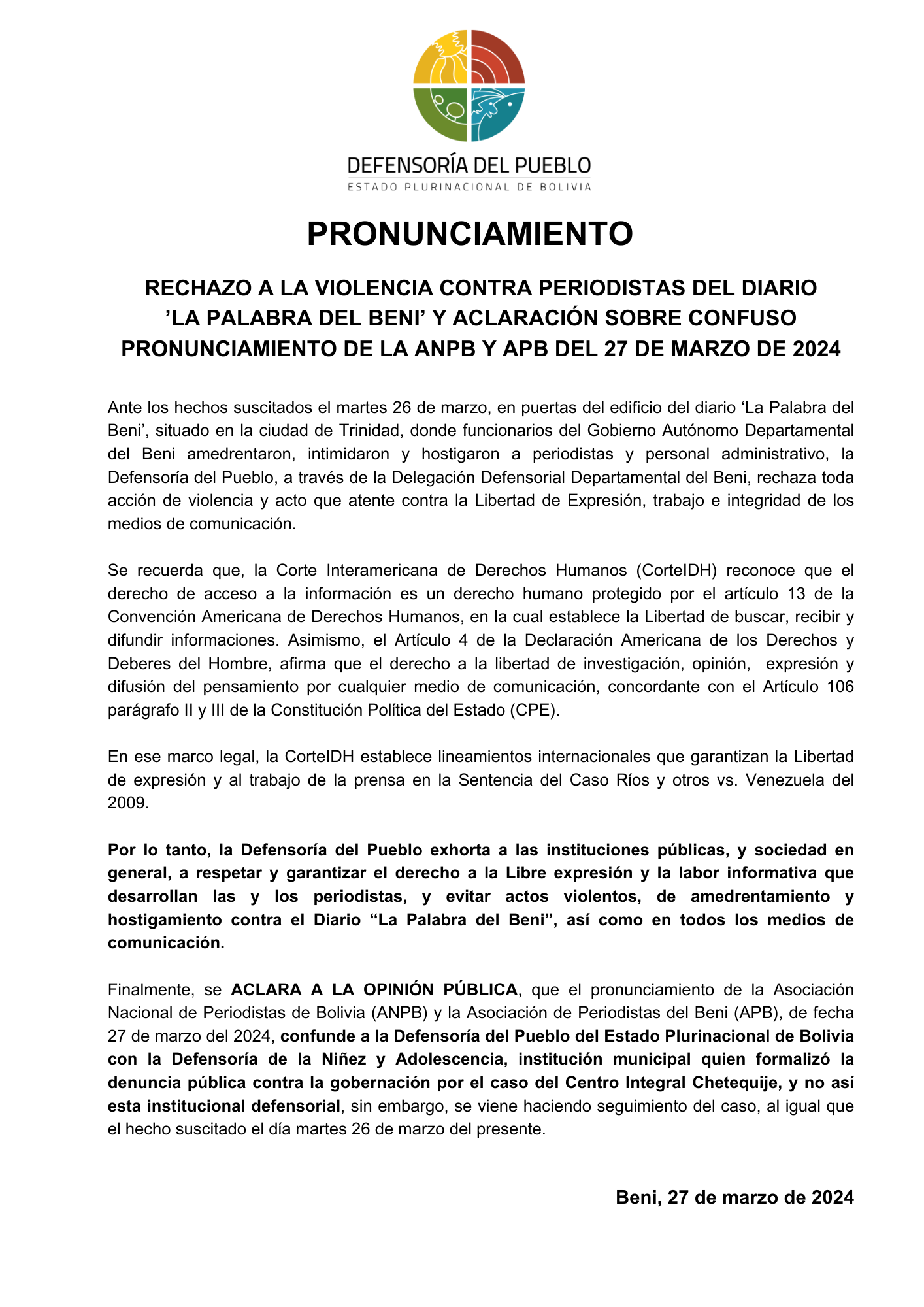 PRONUNCIAMIENTO  RECHAZO A LA VIOLENCIA CONTRA PERIODISTAS DEL DIARIO’LA PALABRA DEL BENI’  Y ACLARACIÓN SOBRE CONFUSO PRONUNCIAMIENTO DE LA ANPB Y APB DEL 27 DE MARZO DE 2024