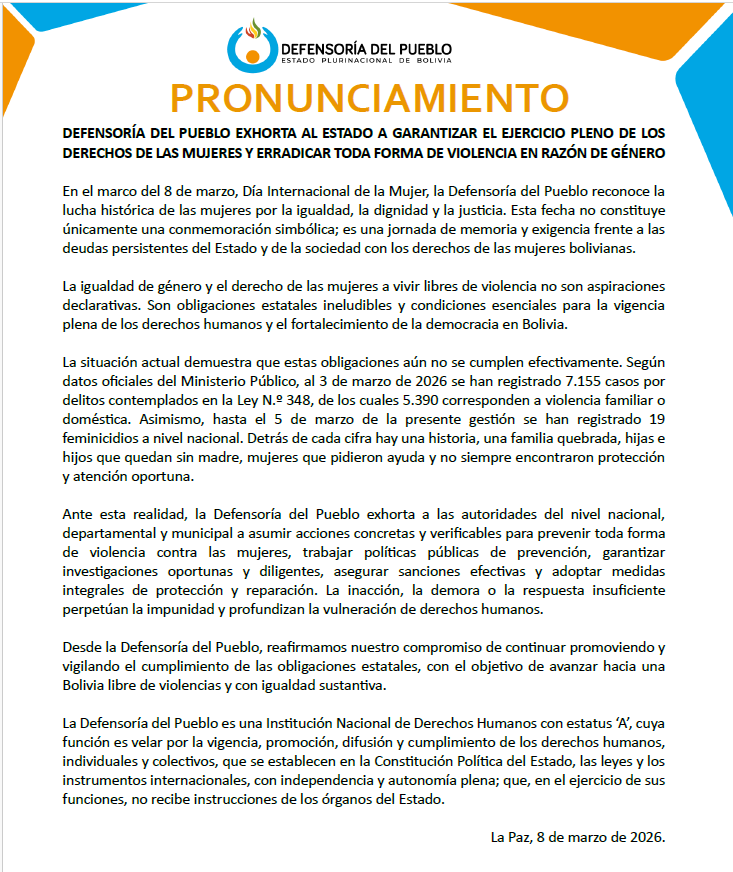 DEFENSORÍA DEL PUEBLO EXHORTA AL ESTADO A GARANTIZAR EL EJERCICIO PLENO DE LOS DERECHOS DE LAS MUJERES Y ERRADICAR TODA FORMA DE VIOLENCIA EN RAZÓN DE GÉNERO