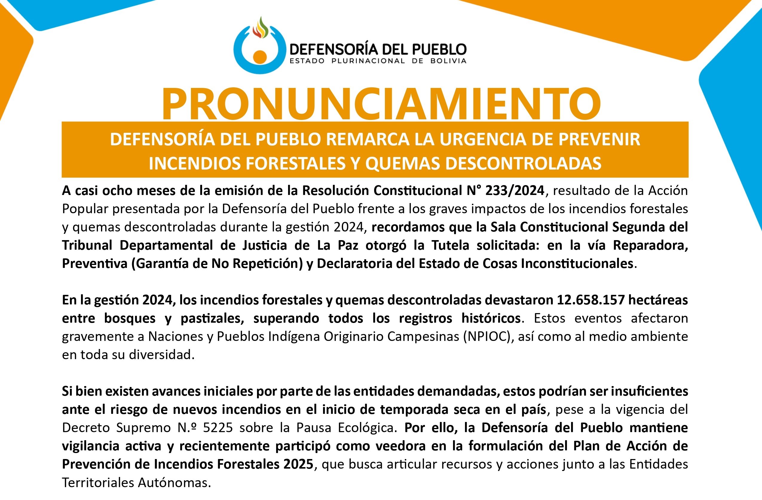 DEFENSORÍA DEL PUEBLO REMARCA LA URGENCIA DE PREVENIR INCENDIOS FORESTALES Y QUEMAS DESCONTROLADAS