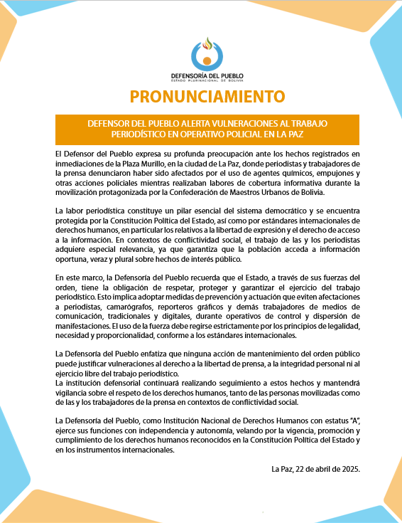 Defensor del Pueblo alerta vulneraciones al trabajo periodístico en operativo policial en La Paz