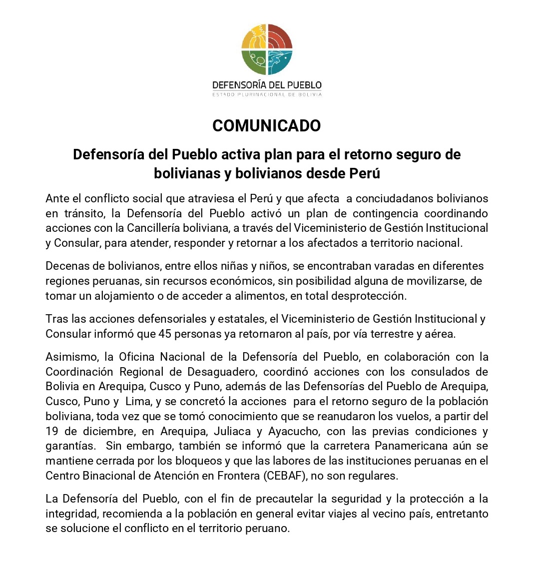 Defensoría del Pueblo activa plan para el retorno seguro de bolivianas y bolivianos desde Perú