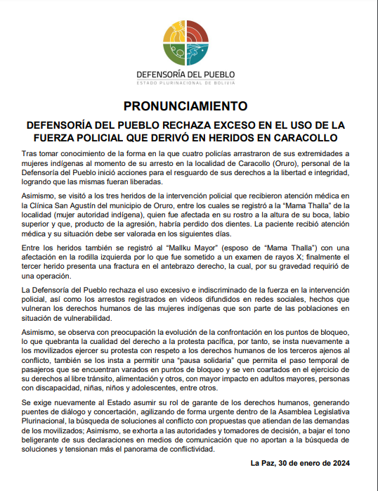 DEFENSORÍA DEL PUEBLO RECHAZA EXCESO EN EL USO DE LA FUERZA POLICIAL QUE DERIVÓ EN HERIDOS EN CARACOLLO