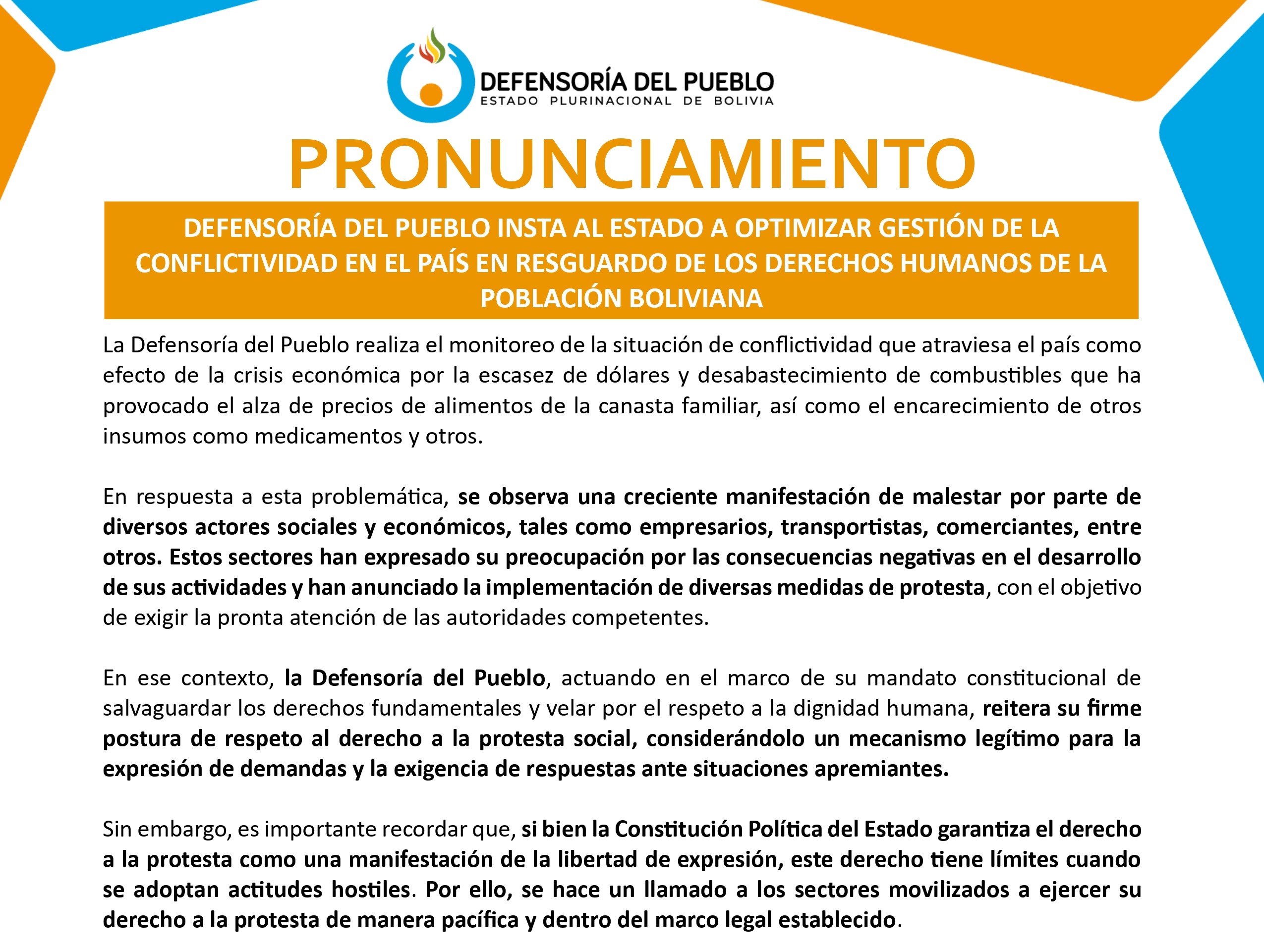 DEFENSORÍA DEL PUEBLO INSTA AL ESTADO A OPTIMIZAR GESTIÓN DE LA CONFLICTIVIDAD EN EL PAÍS EN RESGUARDO DE LOS DERECHOS HUMANOS DE LA POBLACIÓN BOLIVIANA