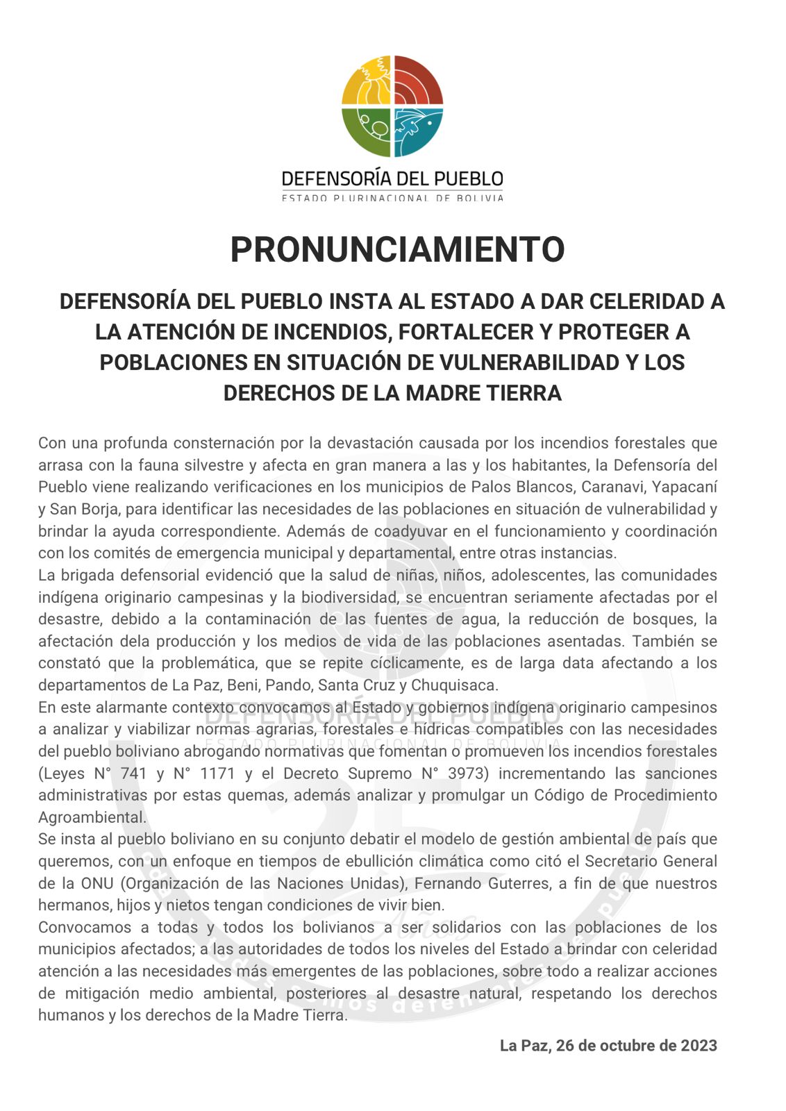 DEFENSORÍA DEL PUEBLO INSTA AL ESTADO A DAR CELERIDAD A LA ATENCIÓN DE INCENDIOS, FORTALECER Y PROTEGER A POBLACIONES EN SITUACIÓN DE VULNERABILIDAD Y LOS DERECHOS DE LA MADRE TIERRA