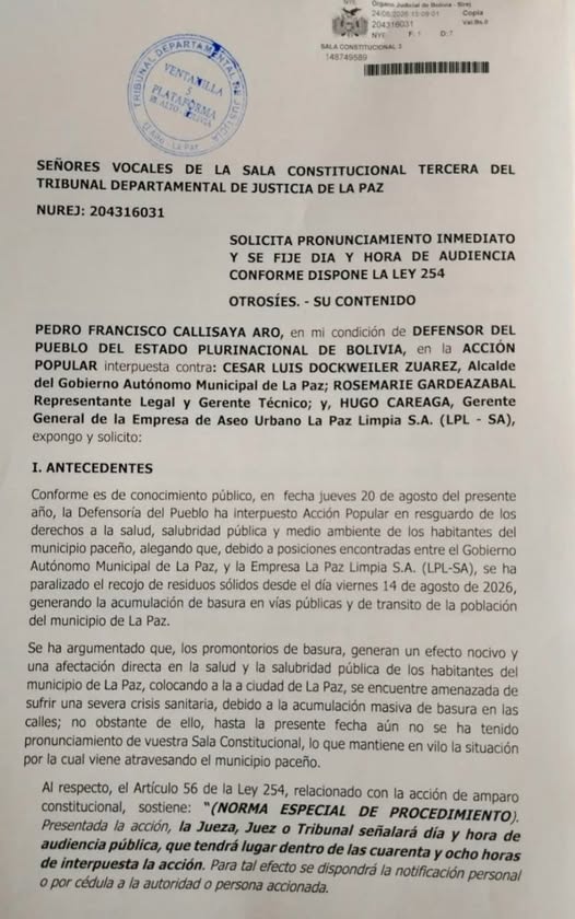 TRATAMIENTO PRIORITARIO DE LA ACCIÓN POPULAR POR LA ACUMULACIÓN DE BASURA EN LA PAZ