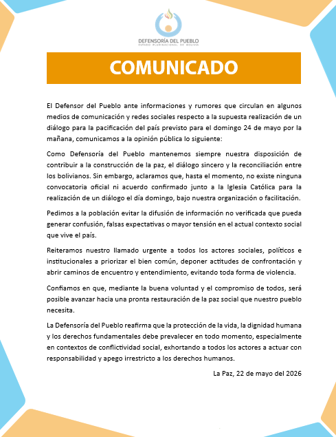 COMUNICADO DE LA DEFENSORÍA DEL PUEBLO DE BOLIVIA - 22/05/2026