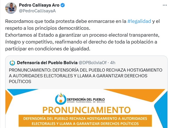 DEFENSORÍA DEL PUEBLO RECHAZA HOSTIGAMIENTO A VOCALES DEL TSE Y PIDE GARANTÍAS A LOS DERECHOS POLÍTICOS