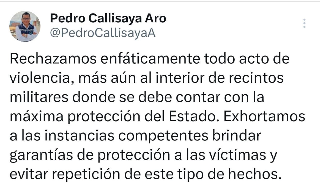 DEFENSOR DEL PUEBLO RECHAZA VIOLENCIA AL INTERIOR DE RECINTOS MILITARES