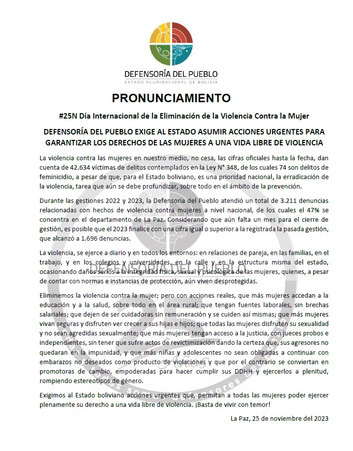 PRONUNCIAMIENTO #25N Día Internacional de la Eliminación de la Violencia Contra la Mujer