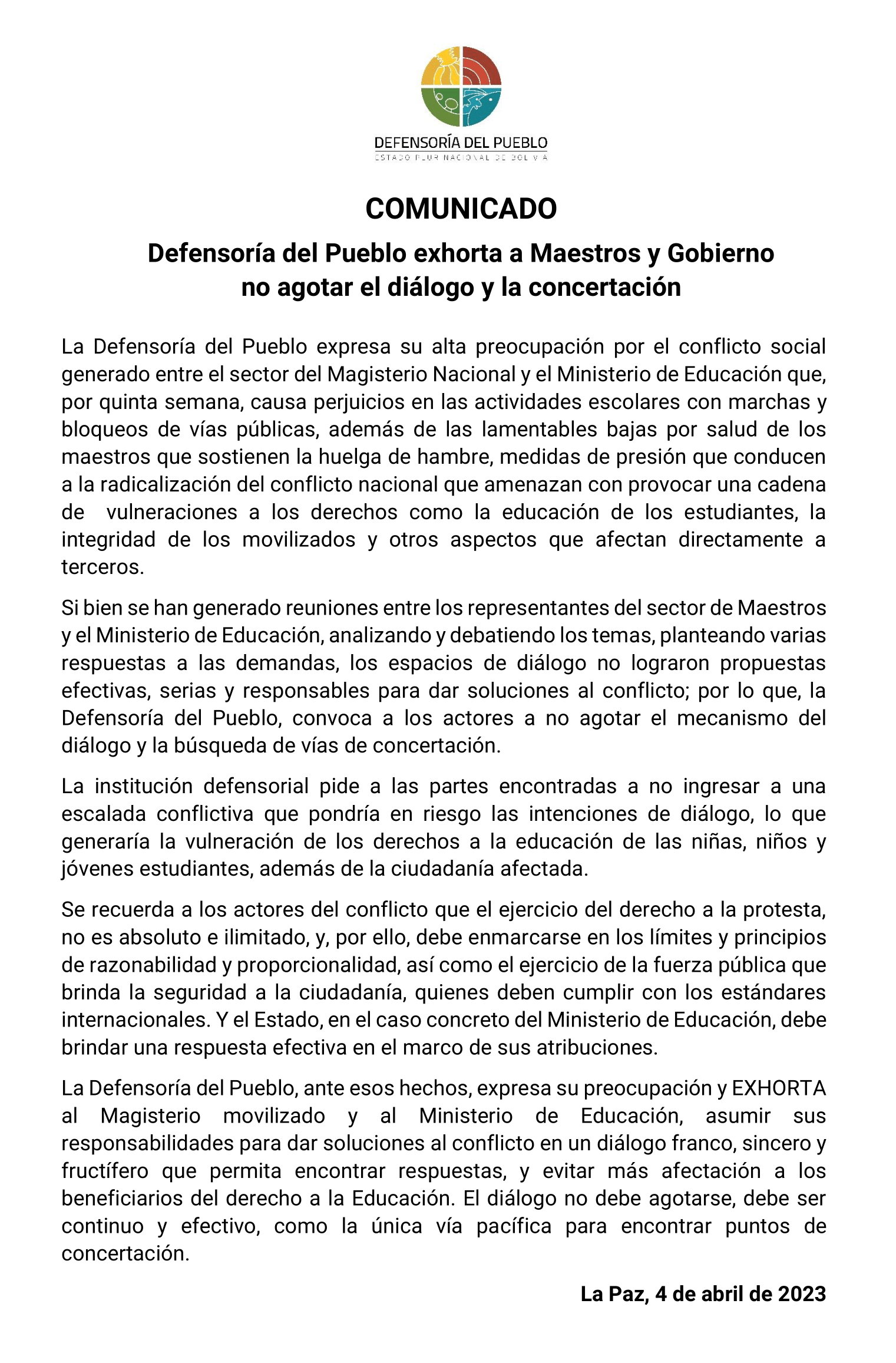 Defensoría del Pueblo exhorta a Maestros y Gobierno no agotar el diálogo y la concertación