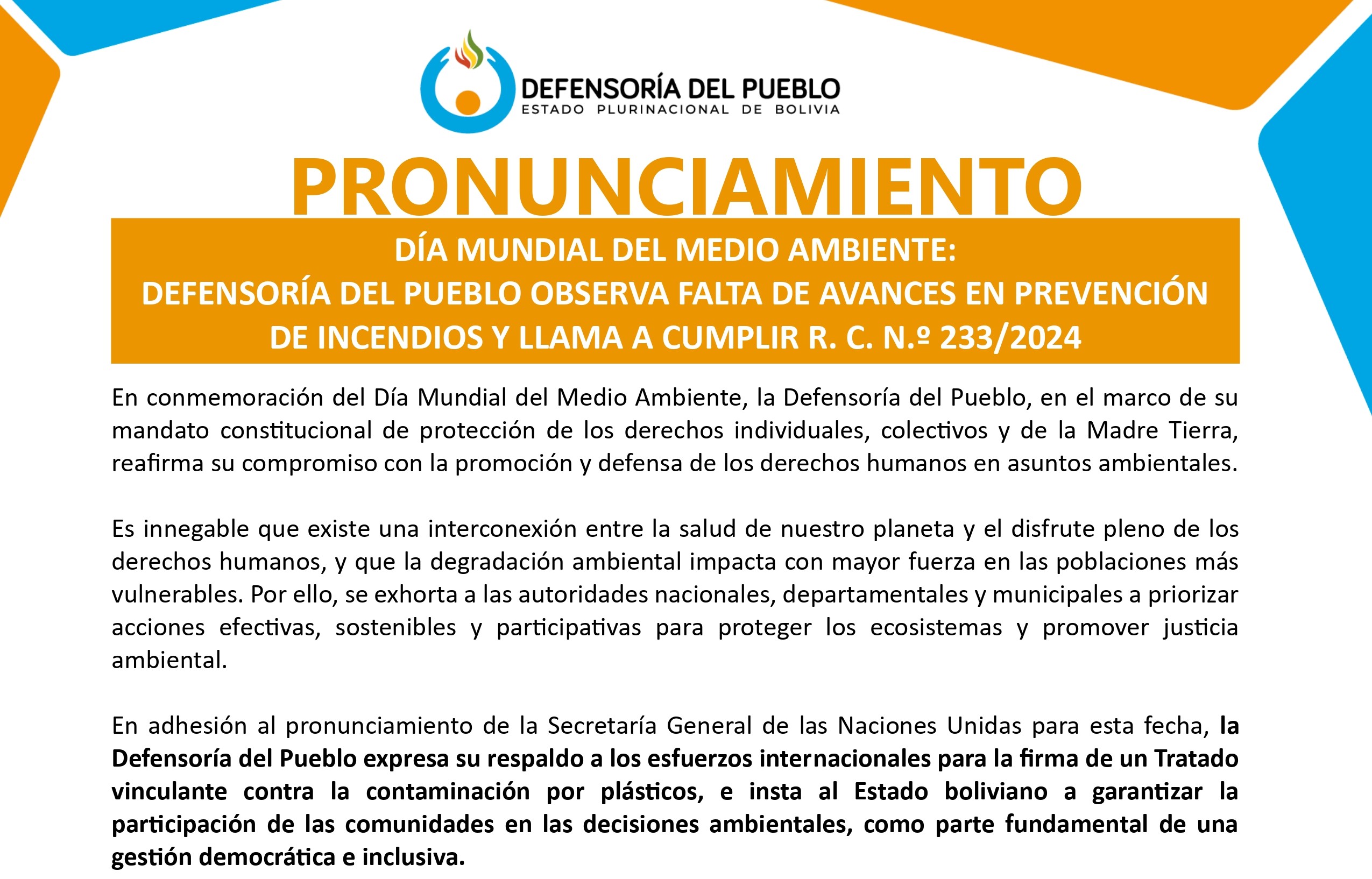 DÍA MUNDIAL DEL MEDIO AMBIENTE: DEFENSORÍA DEL PUEBLO OBSERVA FALTA DE AVANCES EN PREVENCIÓN DE INCENDIOS Y LLAMA A CUMPLIR R. C. N.º 233/2024