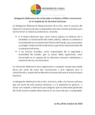 DEFENSORÍA DEL PUEBLO EMITE PRONUNCIAMIENTO SOLICITANDO A LA POLICÍA Y FUERZAS ARMADAS RESPETAR LOS DERECHOS HUMANOS