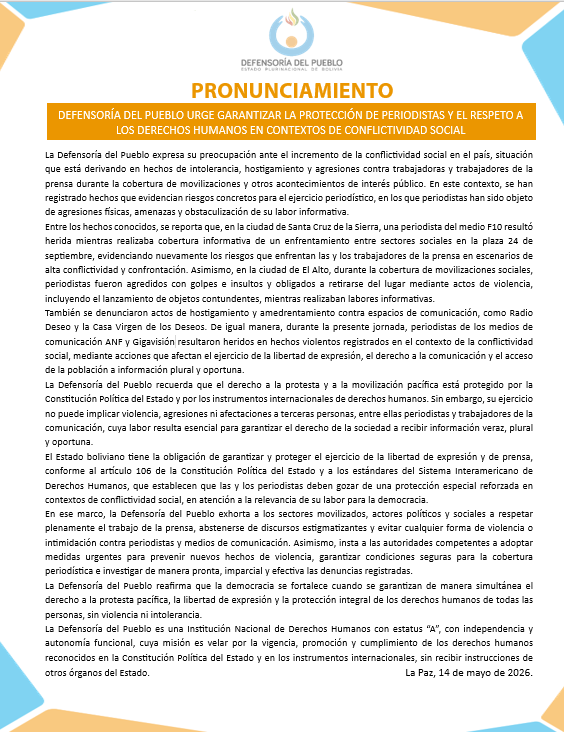 DEFENSORÍA DEL PUEBLO URGE GARANTIZAR LA PROTECCIÓN DE PERIODISTAS Y EL RESPETO A LOS DERECHOS HUMANOS EN CONTEXTOS DE CONFLICTIVIDAD SOCIAL