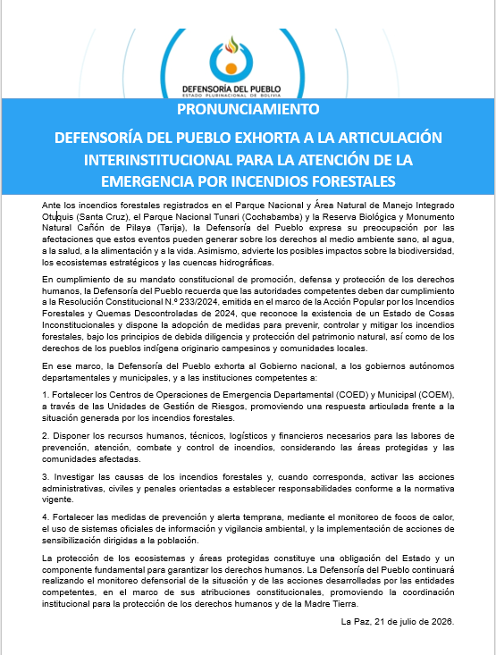 PRONUNCIAMIENTO: DEFENSORÍA DEL PUEBLO EXHORTA A LA ARTICULACIÓN INTERINSTITUCIONAL PARA LA ATENCIÓN DE LA EMERGENCIA POR INCENDIOS FORESTALES