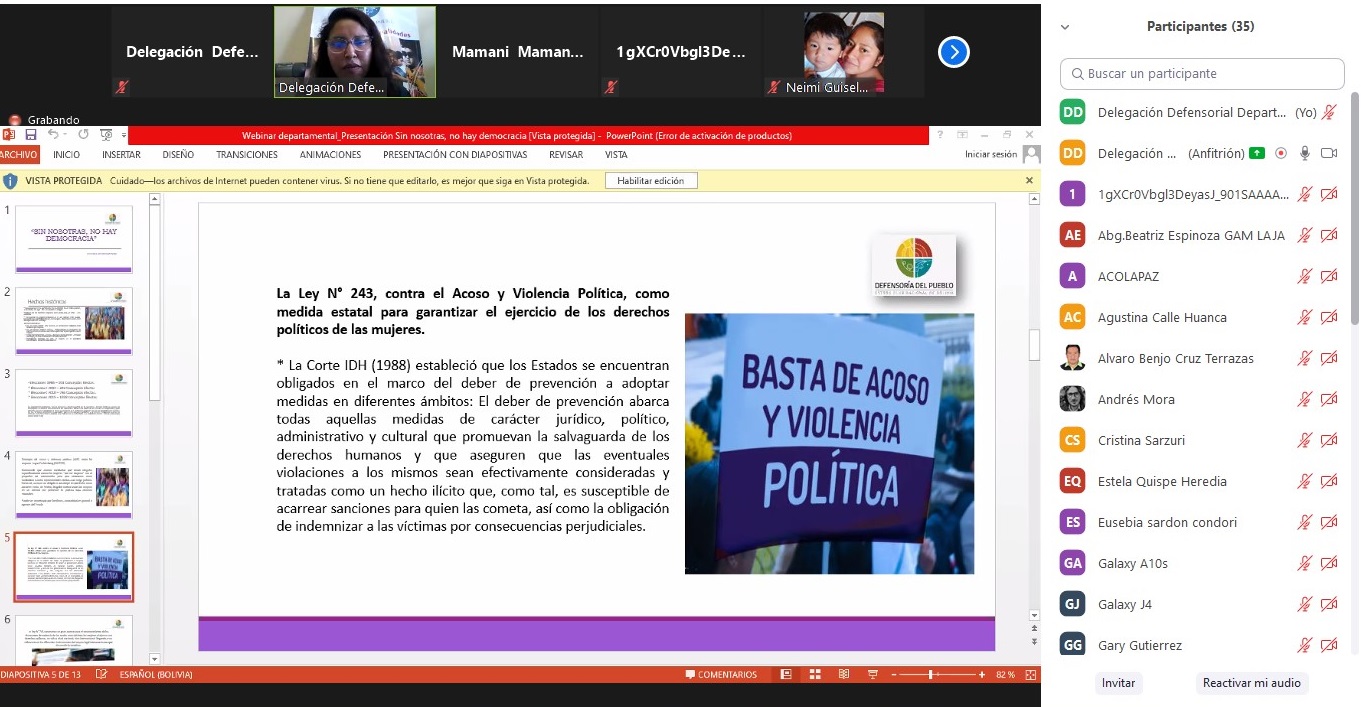 Defensoría del Pueblo en coordinación con ACOLAPAZ realizan el webinar Departamental “Sin nosotras no hay democracia” Contra el Acoso y Violencia Política con alcaldes y concejales del departamento de La Paz