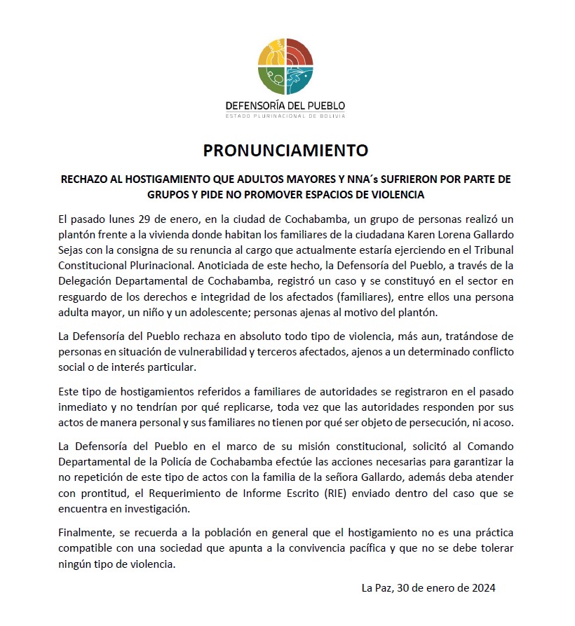 RECHAZO AL HOSTIGAMIENTO QUE ADULTOS MAYORES Y NNA´s SUFRIERON POR PARTE DE GRUPOS Y PIDE NO PROMOVER ESPACIOS DE VIOLENCIA