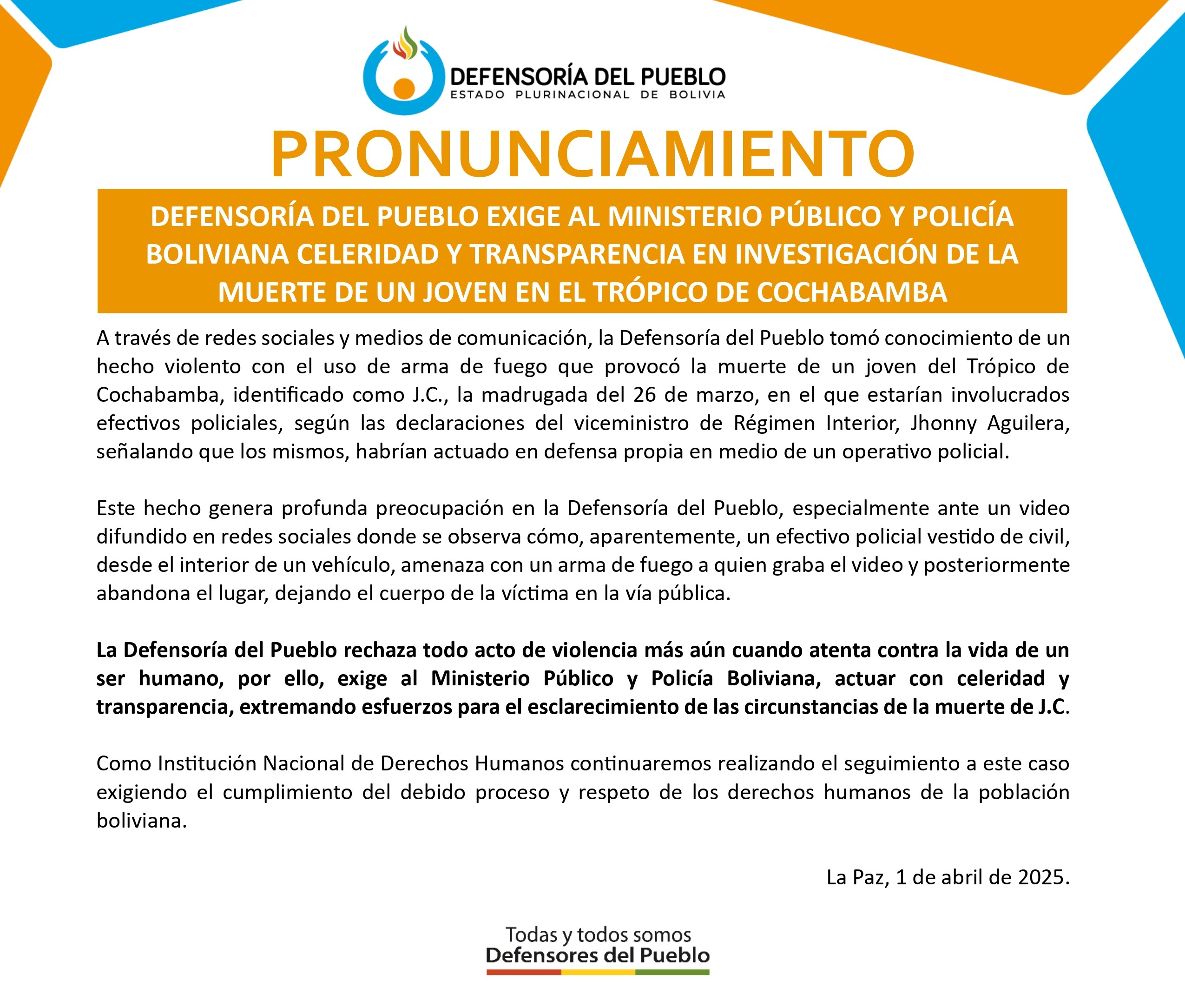 DEFENSORÍA DEL PUEBLO EXIGE AL MINISTERIO PÚBLICO Y POLICÍA BOLIVIANA CELERIDAD Y TRANSPARENCIA EN INVESTIGACIÓN DE LA MUERTE DE UN JOVEN EN EL TRÓPICO DE COCHABAMBA