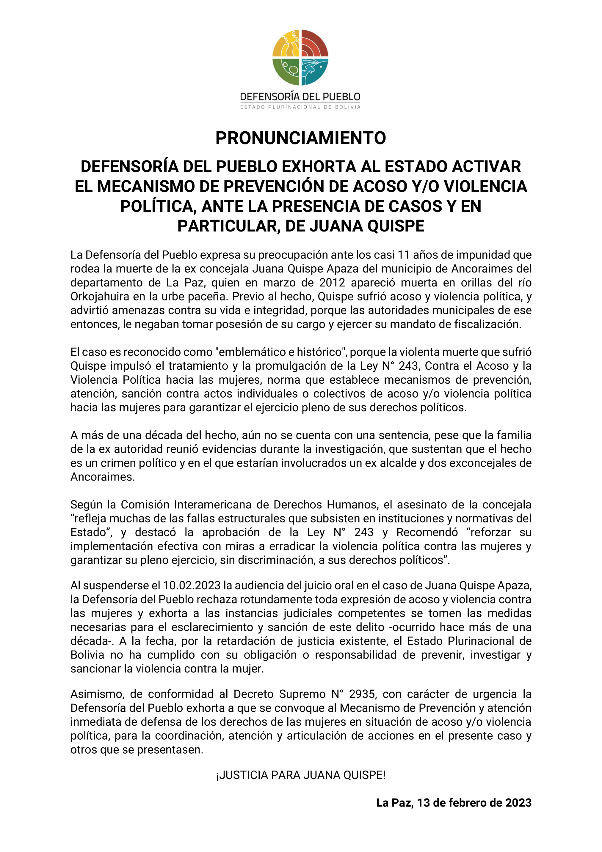 Defensoría del Pueblo exhorta al Estado activar el Mecanismo de Prevención de Acoso y/o Violencia Política, ante la presencia de casos y en particular, de Juana Quispe