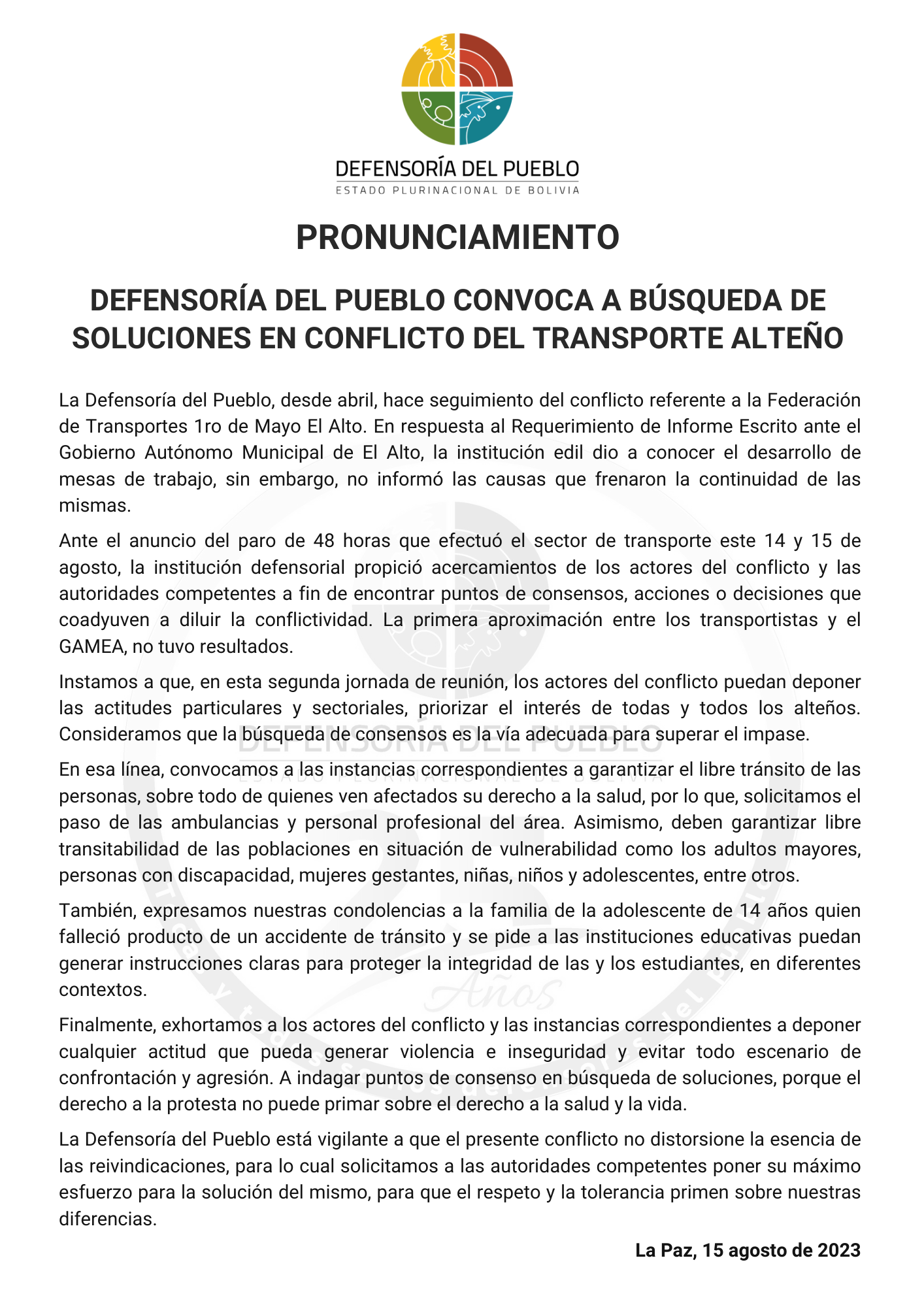 DEFENSORÍA DEL PUEBLO CONVOCA A BÚSQUEDA DE SOLUCIONES EN CONFLICTO DEL TRANSPORTE ALTEÑO